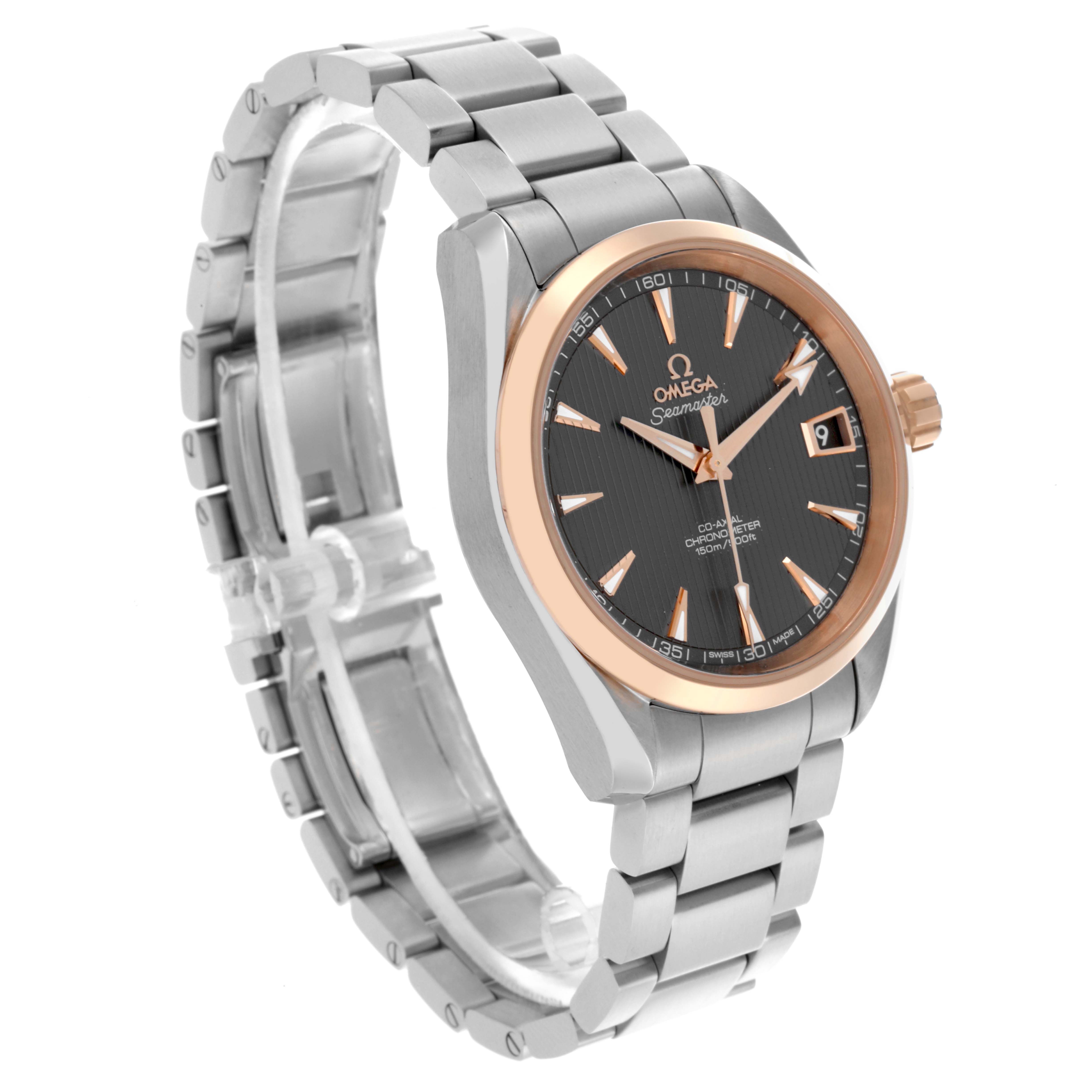 The Omega Aqua Terra 231.20.39.21.06.003 Men's Steel and Gold (two tone) Grey Dial 231.20.39.21.06.003 Men's Steel and Gold (two tone) Grey Dial watch is shown at a three-quarter angle, displaying the dial, bezel, crown, and bracelet.