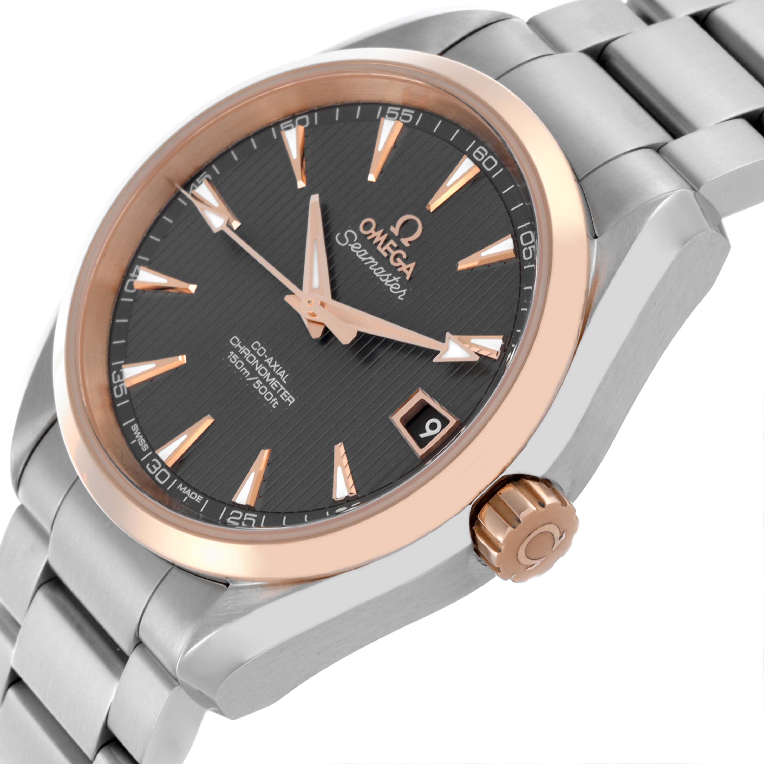 The image shows a side angle of the Omega Aqua Terra 231.20.39.21.06.003 Men's Steel and Gold (two tone) Grey Dial 231.20.39.21.06.003 Men's Steel and Gold (two tone) Grey Dial, highlighting the dial, bezel, bracelet, and crown.