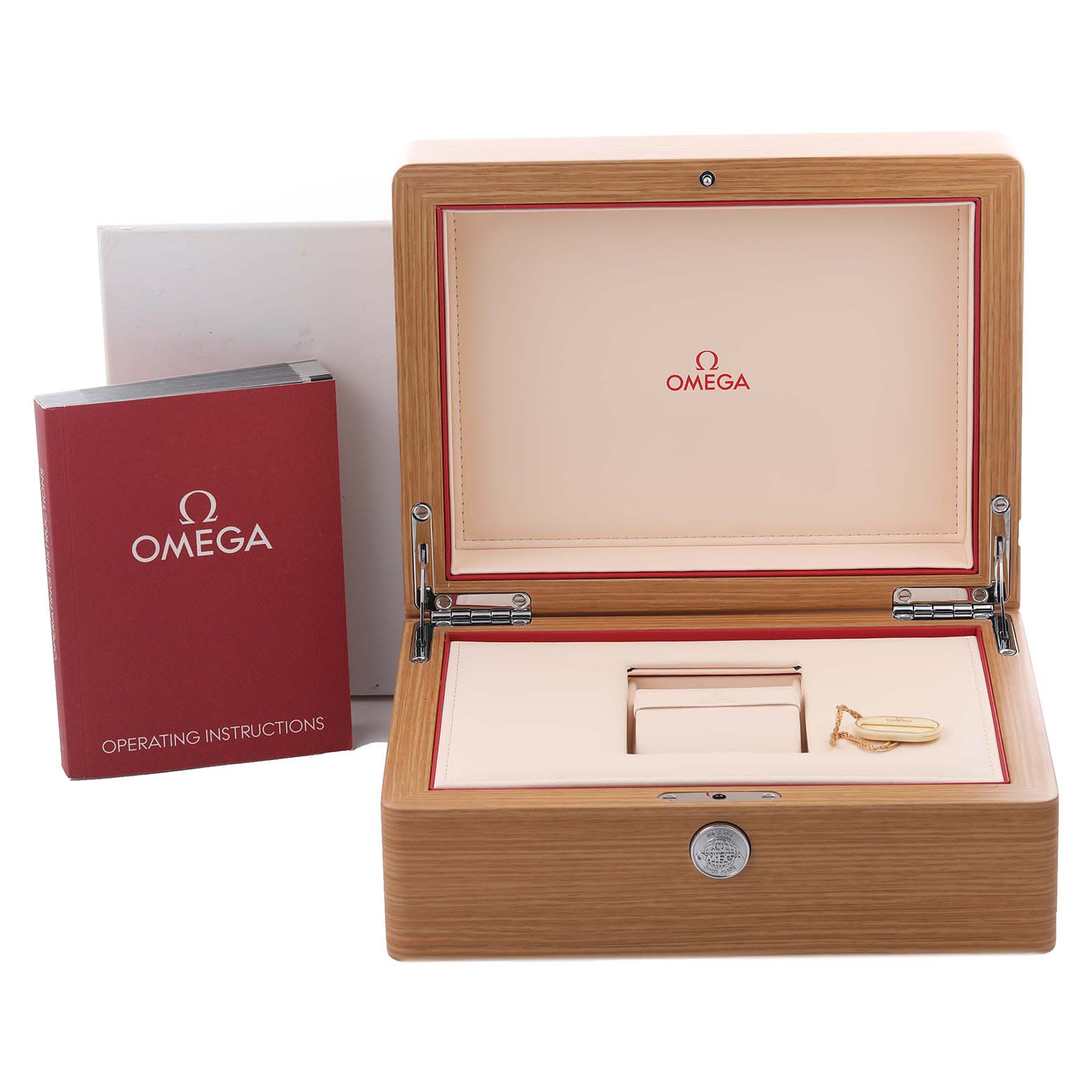 The image shows an open wooden box for the Omega Aqua Terra 231.20.39.21.06.003 Men's Steel and Gold (two tone) Grey Dial 231.20.39.21.06.003 Men's Steel and Gold (two tone) Grey Dial watch with operating instructions beside it.