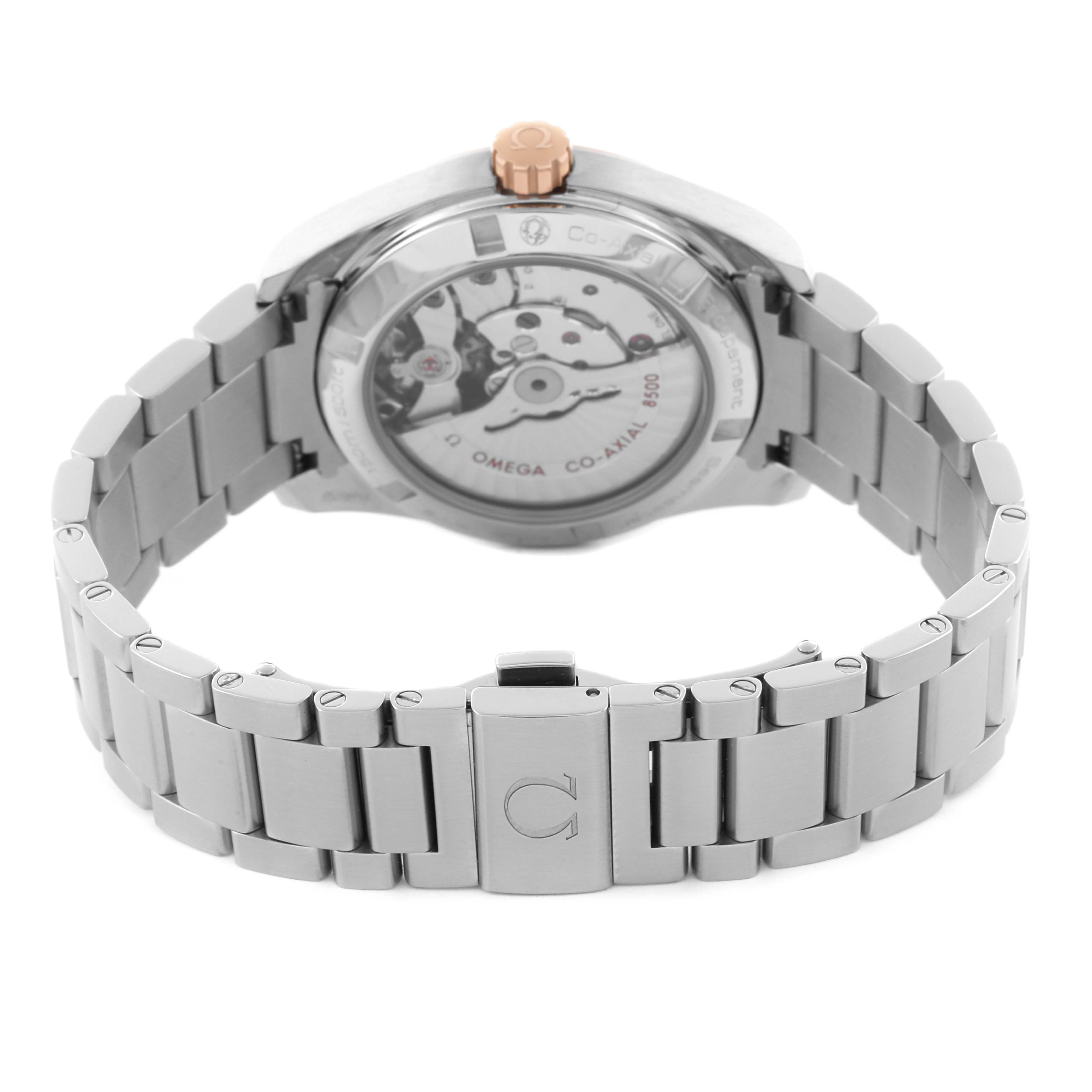 The Omega Aqua Terra 231.20.39.21.06.003 Men's Steel and Gold (two tone) Grey Dial 231.20.39.21.06.003 Men's Steel and Gold (two tone) Grey Dial watch is shown from the back, highlighting the movement and bracelet clasp.