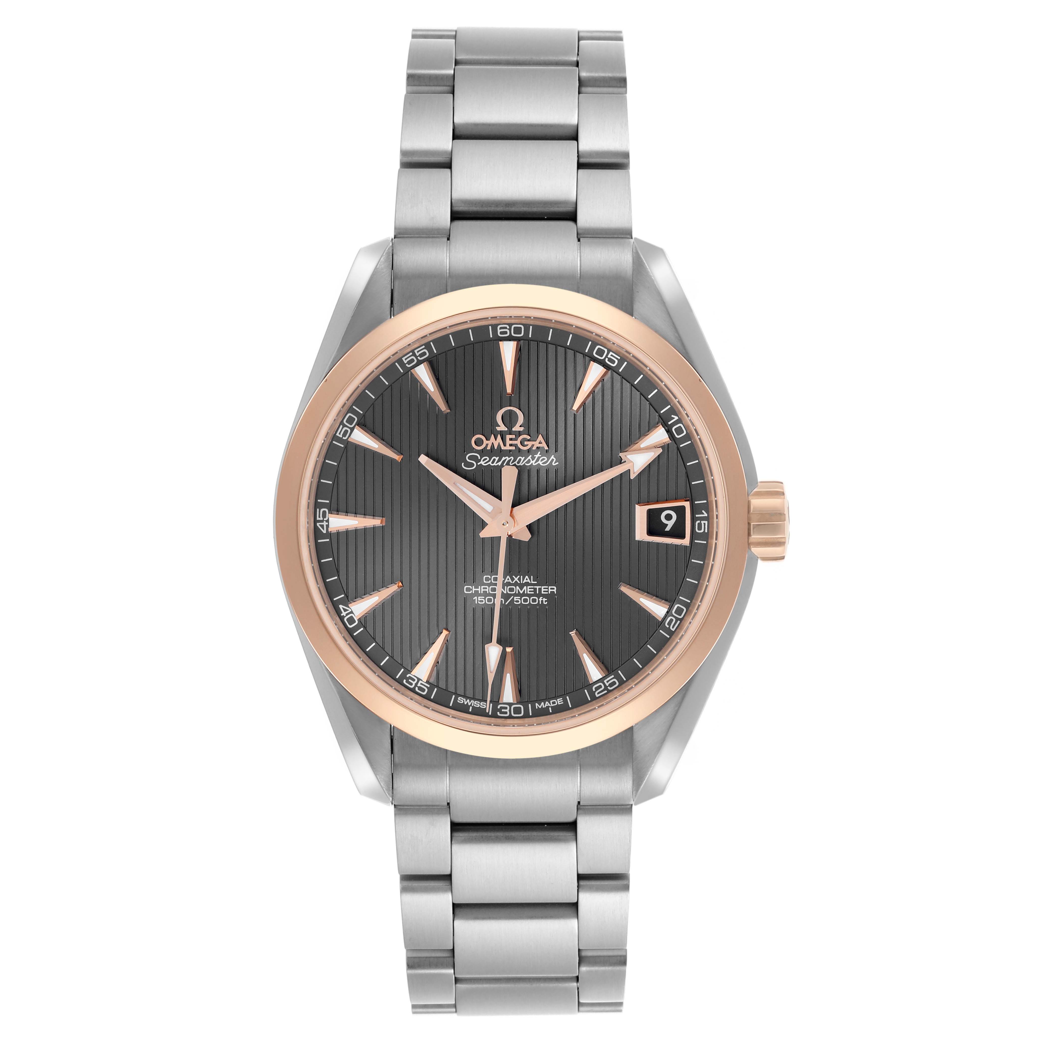 The Omega Aqua Terra 231.20.39.21.06.003 Men's Steel and Gold (two tone) Grey Dial 231.20.39.21.06.003 Men's Steel and Gold (two tone) Grey Dial watch is shown from a front angle highlighting the face, hands, bezel, crown, and metal bracelet.
