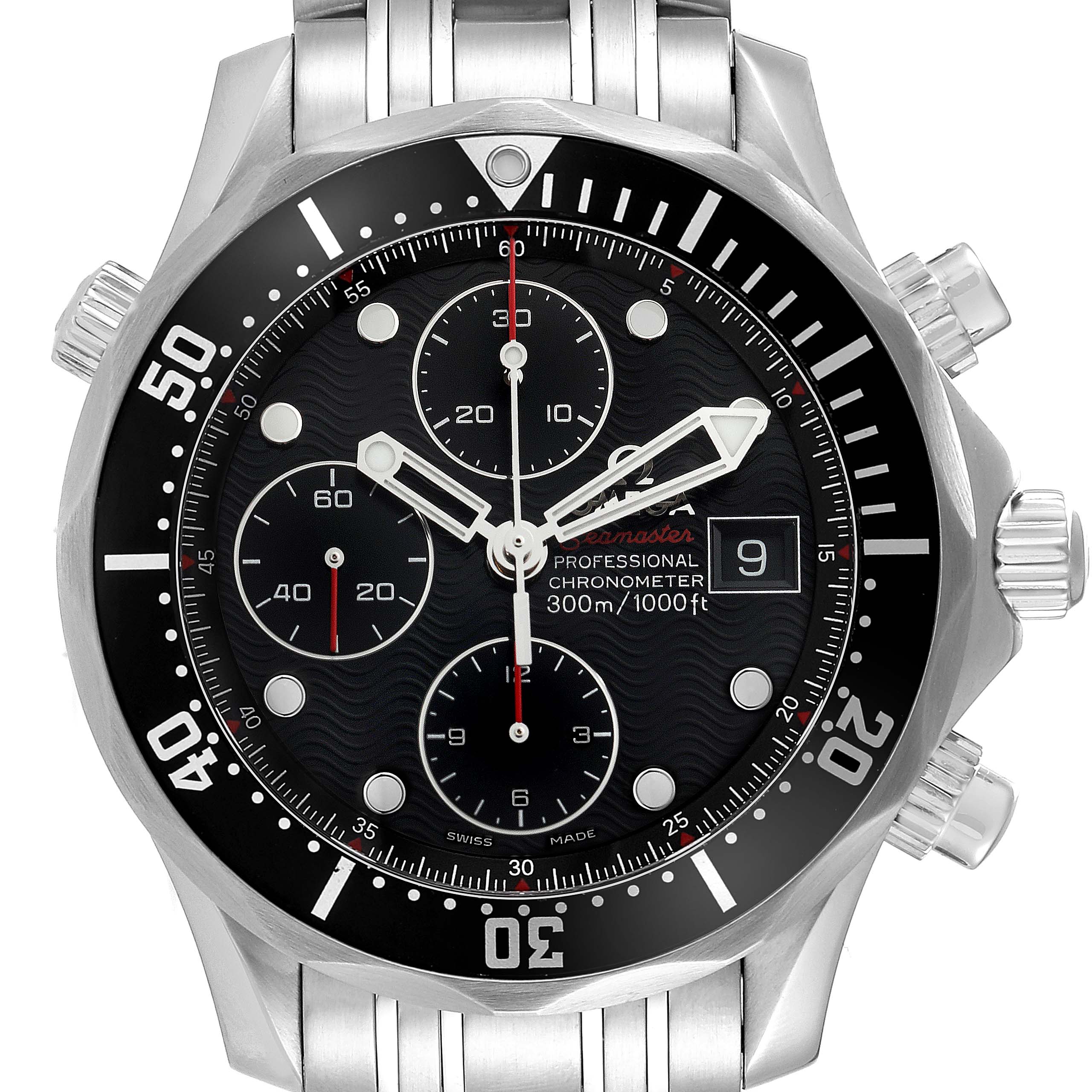 The image shows a frontal view of the Omega Seamaster 213.30.42.40.01.001 Men's Stainless Steel Black Dial 213.30.42.40.01.001 Men's Stainless Steel Black Dial watch, highlighting its dial, bezel, and stainless steel bracelet.