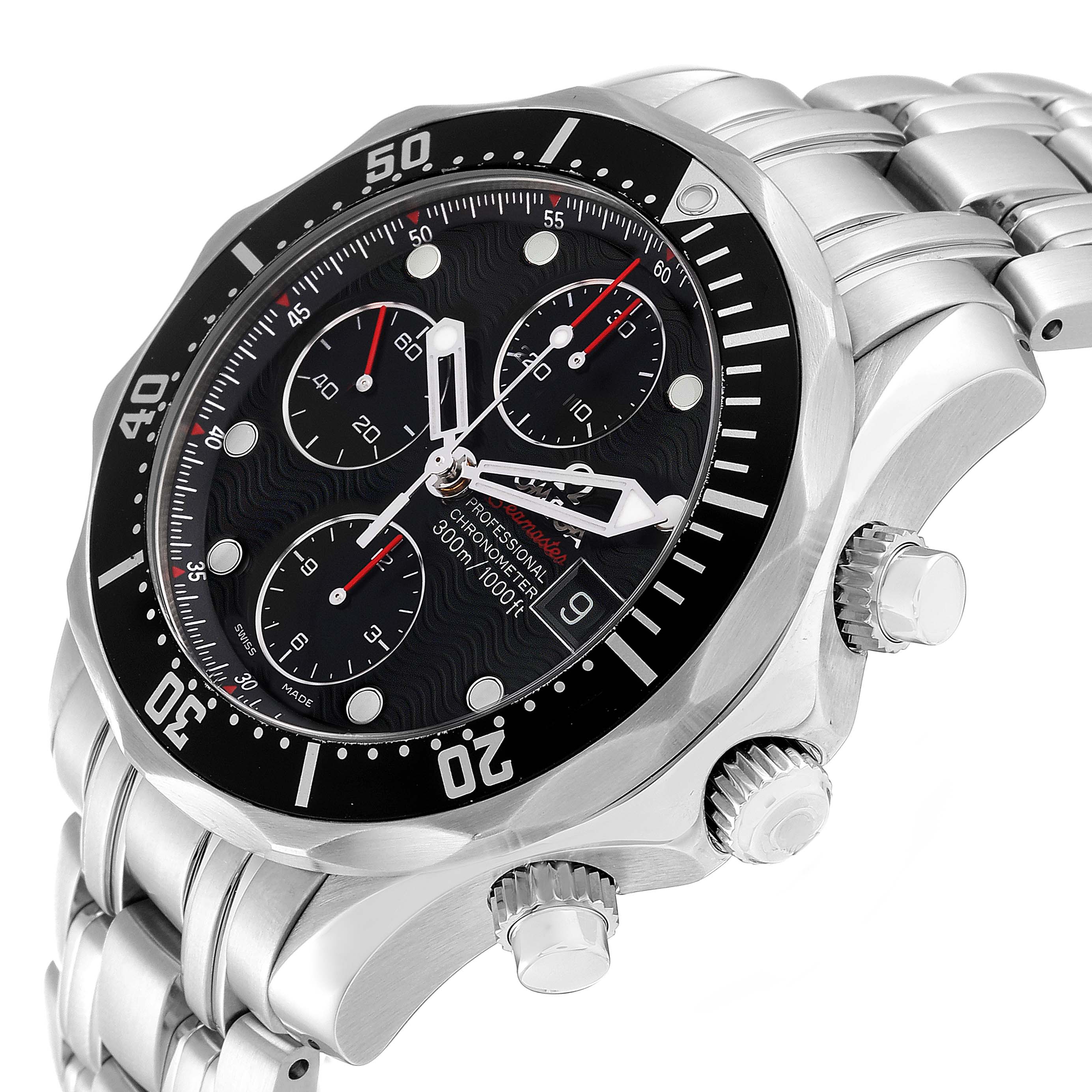 The image shows an angled view of the Omega Seamaster 213.30.42.40.01.001 Men's Stainless Steel Black Dial 213.30.42.40.01.001 Men's Stainless Steel Black Dial watch, highlighting its dial, bezel, crown, pushers, and metal bracelet.