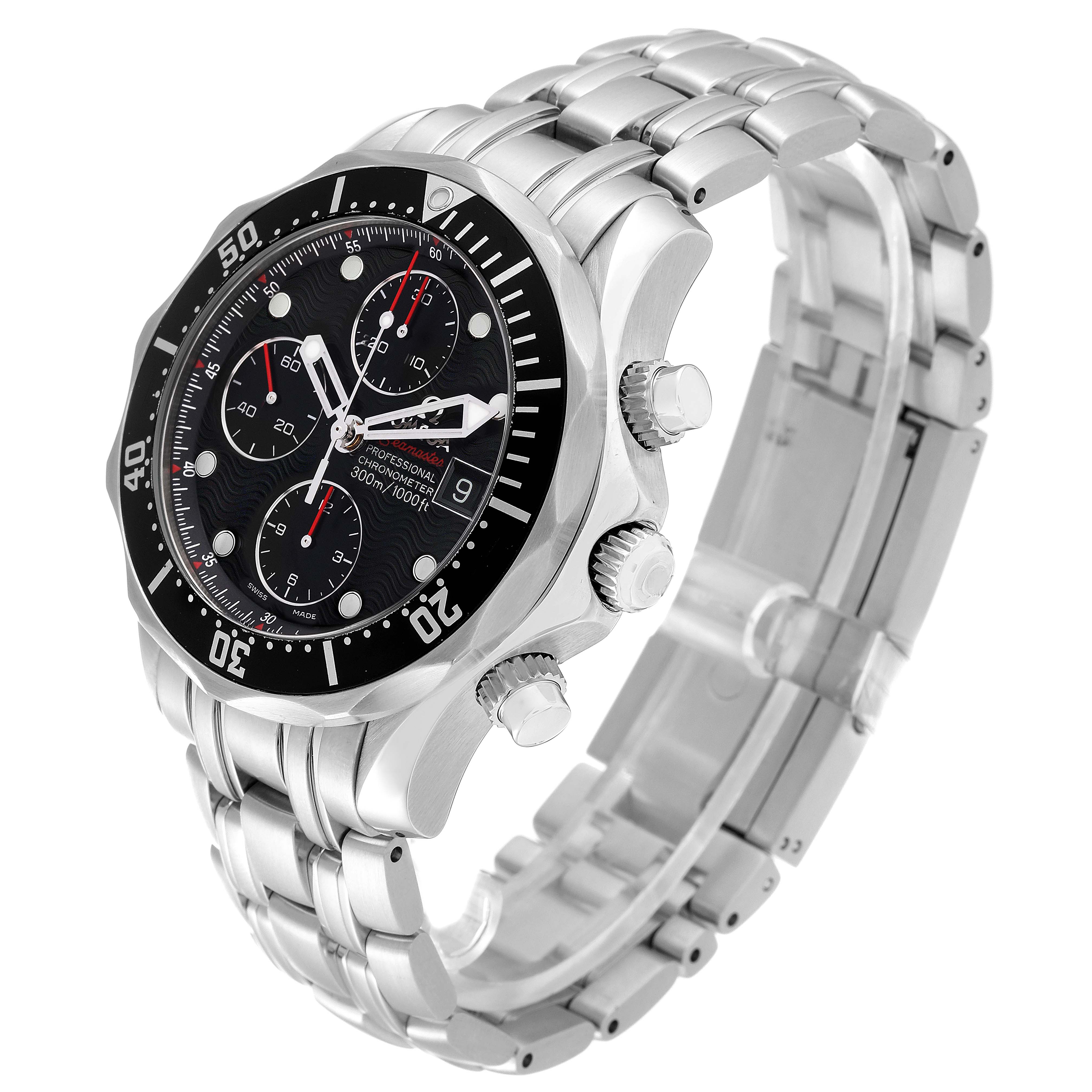 The image shows an Omega Seamaster 213.30.42.40.01.001 Men's Stainless Steel Black Dial 213.30.42.40.01.001 Men's Stainless Steel Black Dial watch from an angled side view, highlighting the bezel, dial, bracelet, and chronograph buttons.
