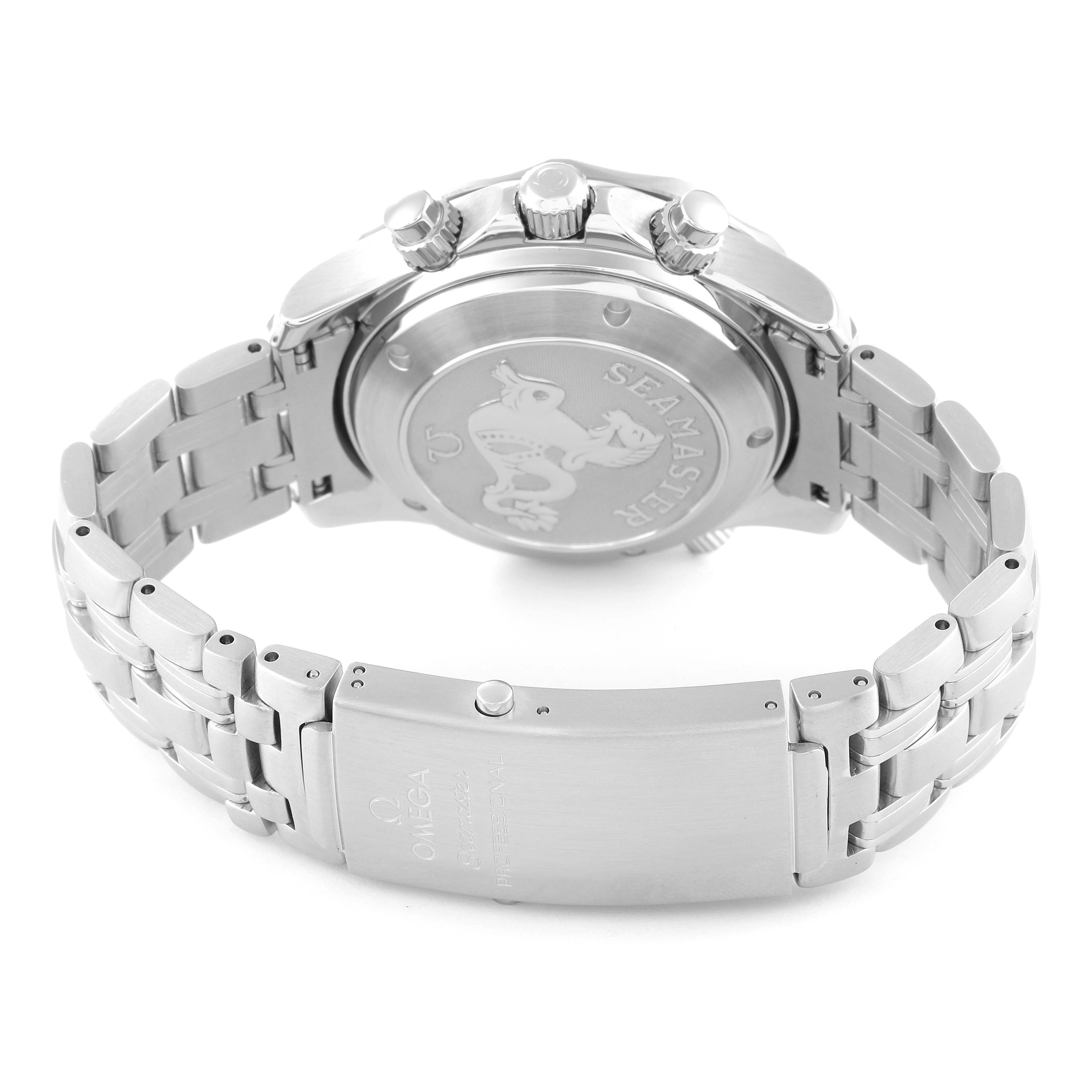 The image shows the back case, bracelet, and clasp of an Omega Seamaster 213.30.42.40.01.001 Men's Stainless Steel Black Dial 213.30.42.40.01.001 Men's Stainless Steel Black Dial watch from a rear angle.