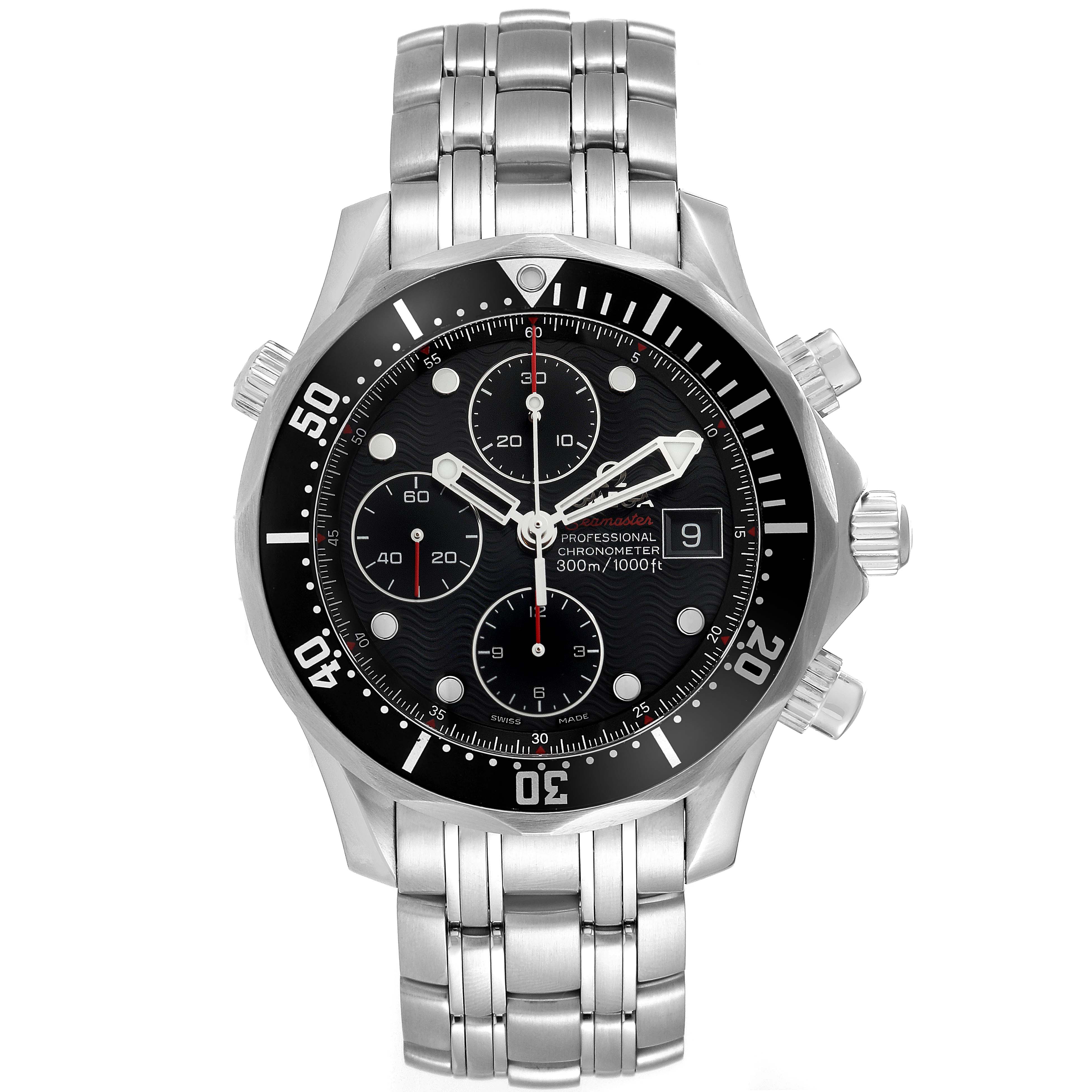 The Omega Seamaster 213.30.42.40.01.001 Men's Stainless Steel Black Dial 213.30.42.40.01.001 Men's Stainless Steel Black Dial watch is shown from a straight-ahead angle, displaying its face, bezel, and bracelet.