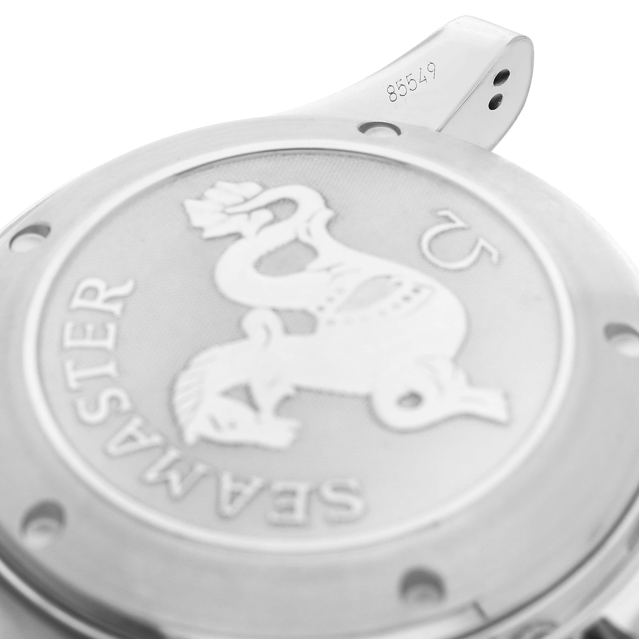 This image shows the close-up view of the back case and some of the lugs of an Omega Seamaster 213.30.42.40.01.001 Men's Stainless Steel Black Dial 213.30.42.40.01.001 Men's Stainless Steel Black Dial watch.