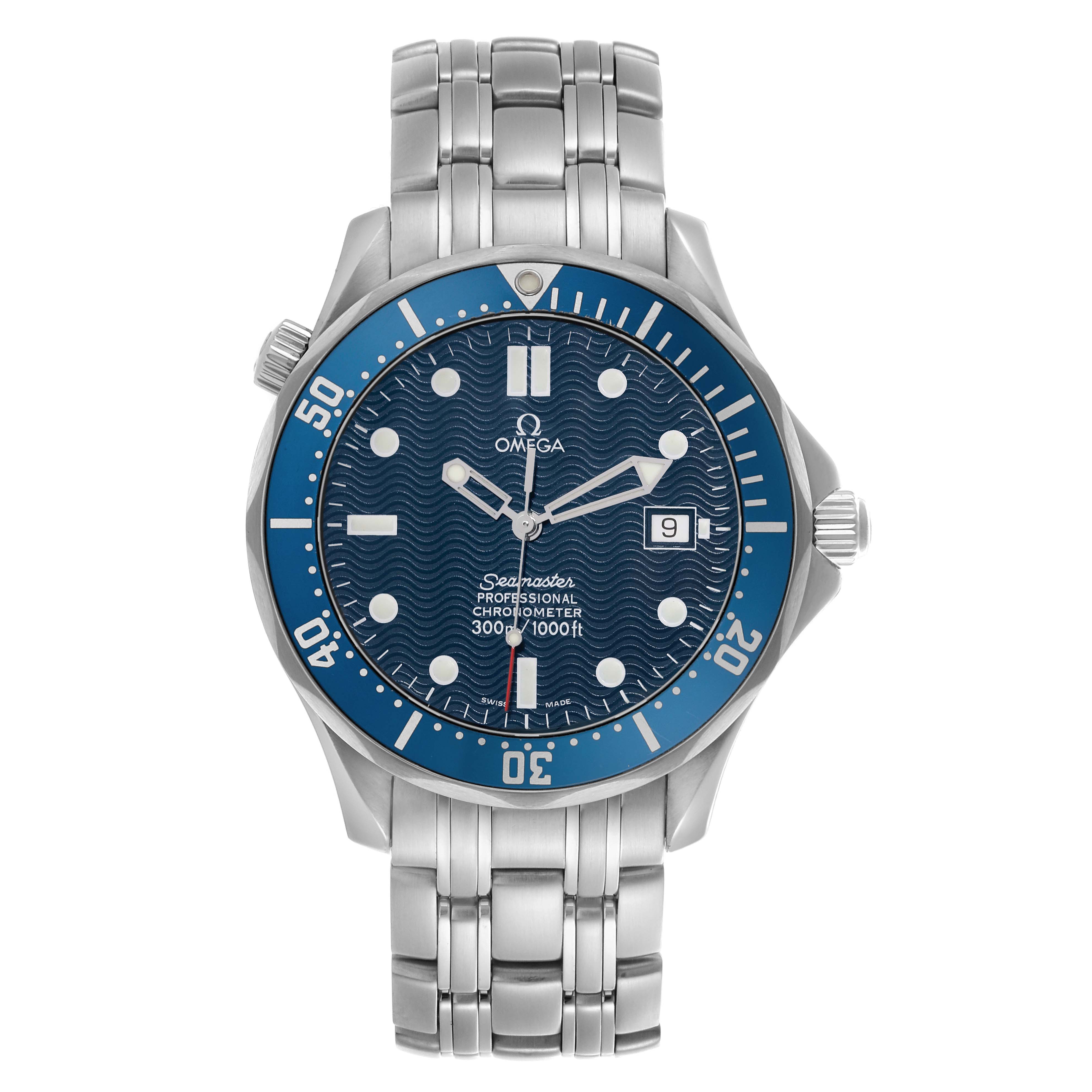 The Omega Seamaster 2531.80.00 Men
s Stainless Steel Blue Dial 2531.80.00 Men
s Stainless Steel Blue Dial watch is shown in a straight-on view, displaying the face, bezel, and bracelet clearly.