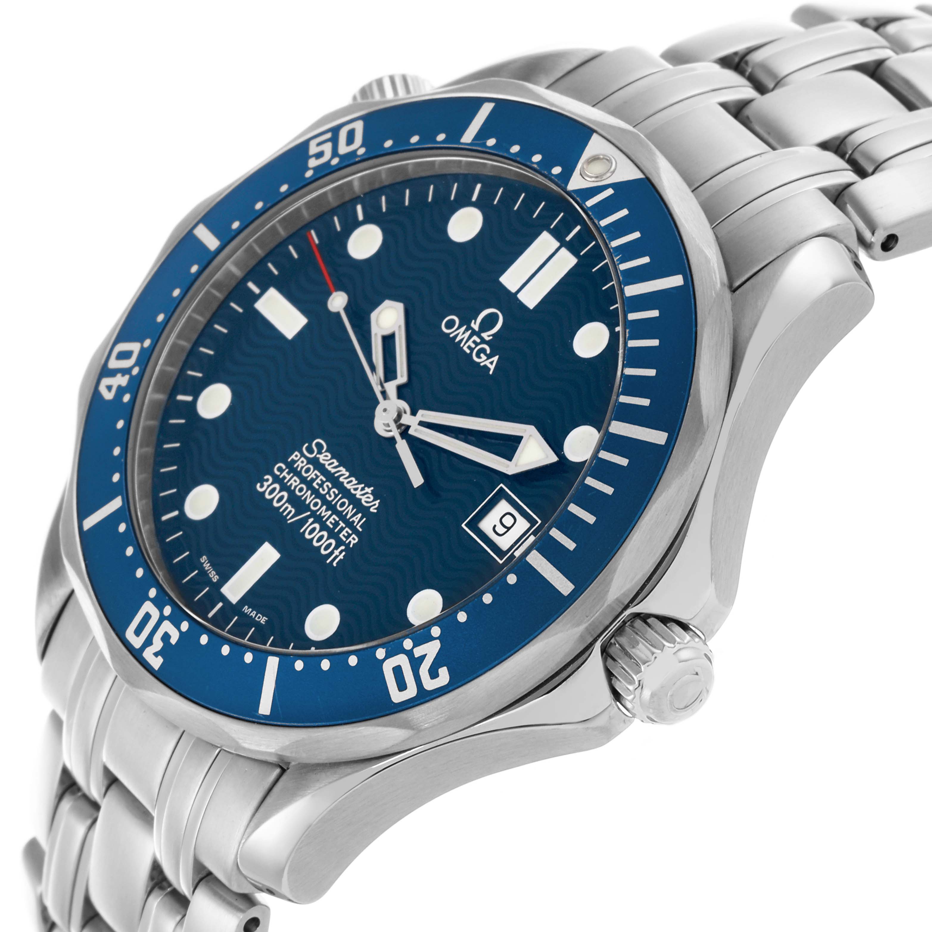 The Omega Seamaster 2531.80.00 Men
s Stainless Steel Blue Dial 2531.80.00 Men
s Stainless Steel Blue Dial watch is shown at a slight angle, highlighting the blue dial, bezel, crown, and stainless steel bracelet.