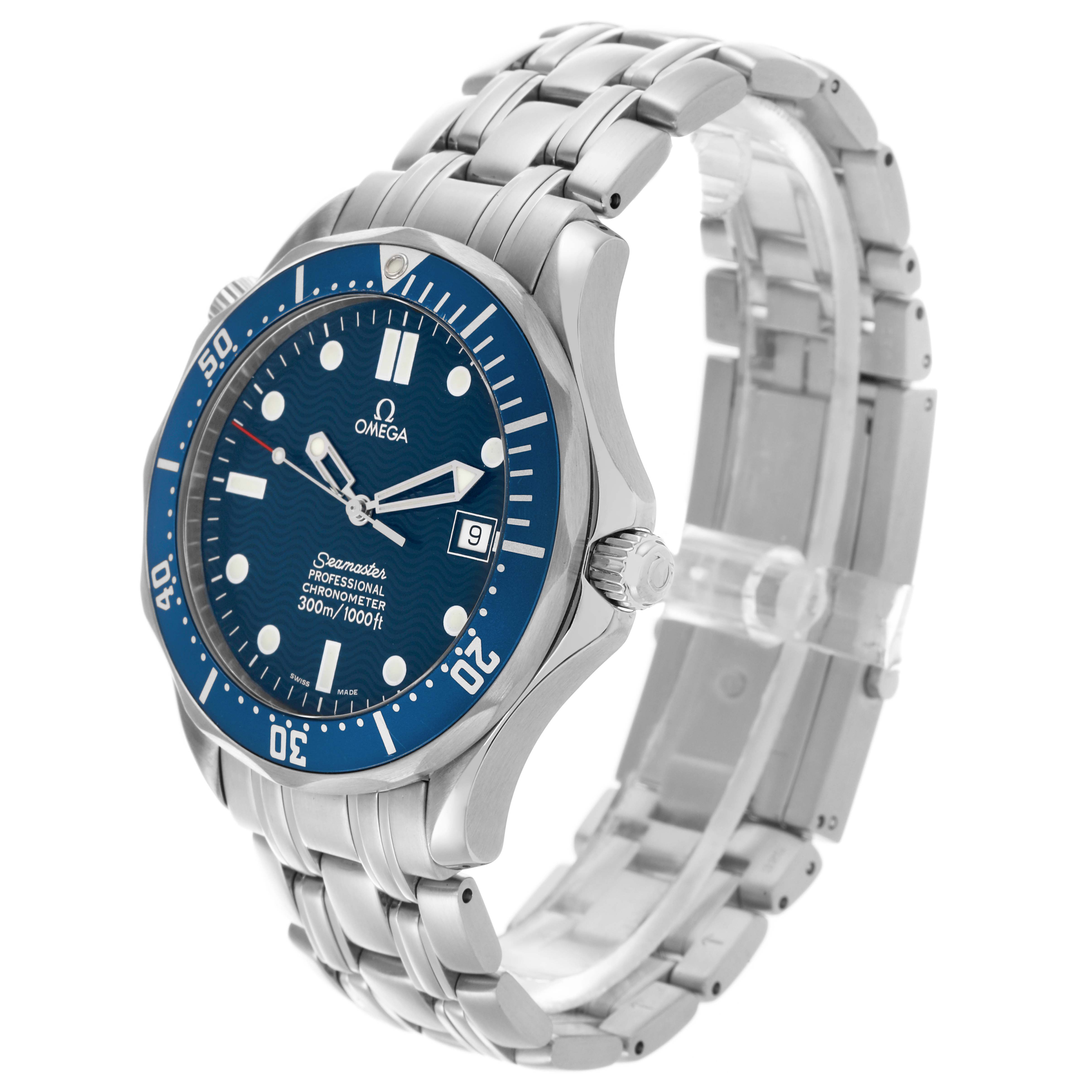 The Omega Seamaster 2531.80.00 Men
s Stainless Steel Blue Dial 2531.80.00 Men
s Stainless Steel Blue Dial watch is shown at a front-side angle, highlighting the dial, bezel, crown, and bracelet.