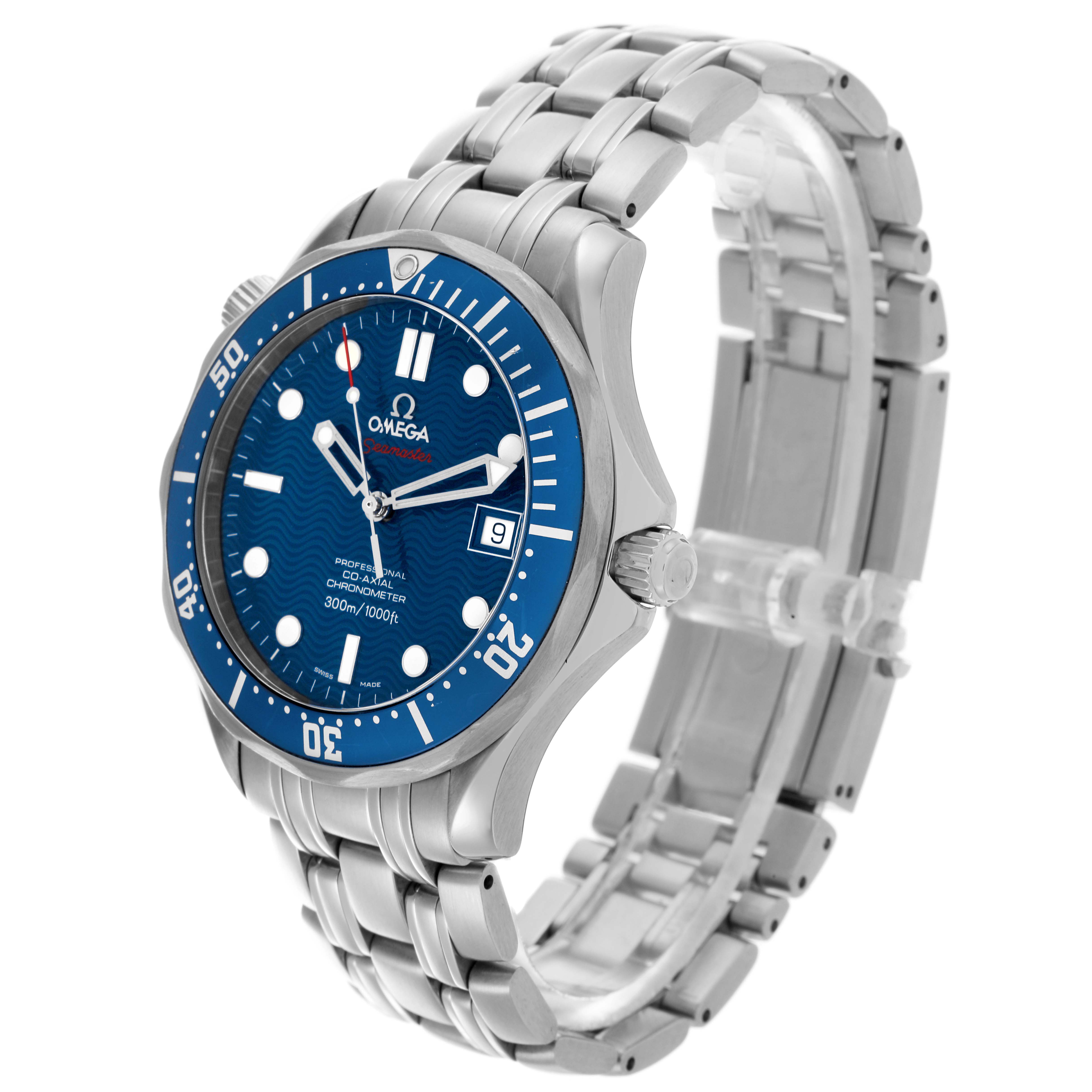 The Omega Seamaster 2220.80.00 Men
s Stainless Steel Blue Dial 2220.80.00 Men
s Stainless Steel Blue Dial watch is shown at a three-quarter angle, displaying its blue dial, bezel, and metal bracelet.
