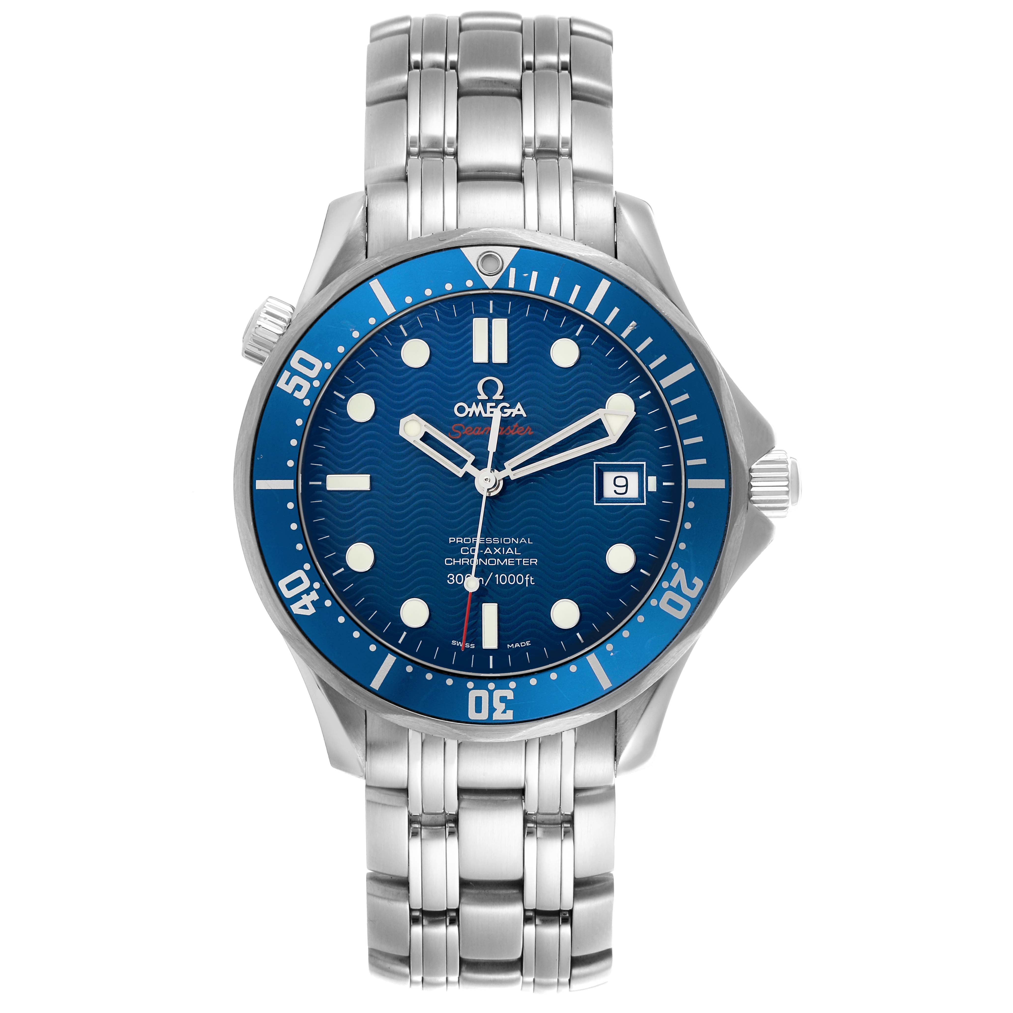 The Omega Seamaster 2220.80.00 Men
s Stainless Steel Blue Dial 2220.80.00 Men
s Stainless Steel Blue Dial watch is shown from a front angle, highlighting the dial, bezel, bracelet, and crown.