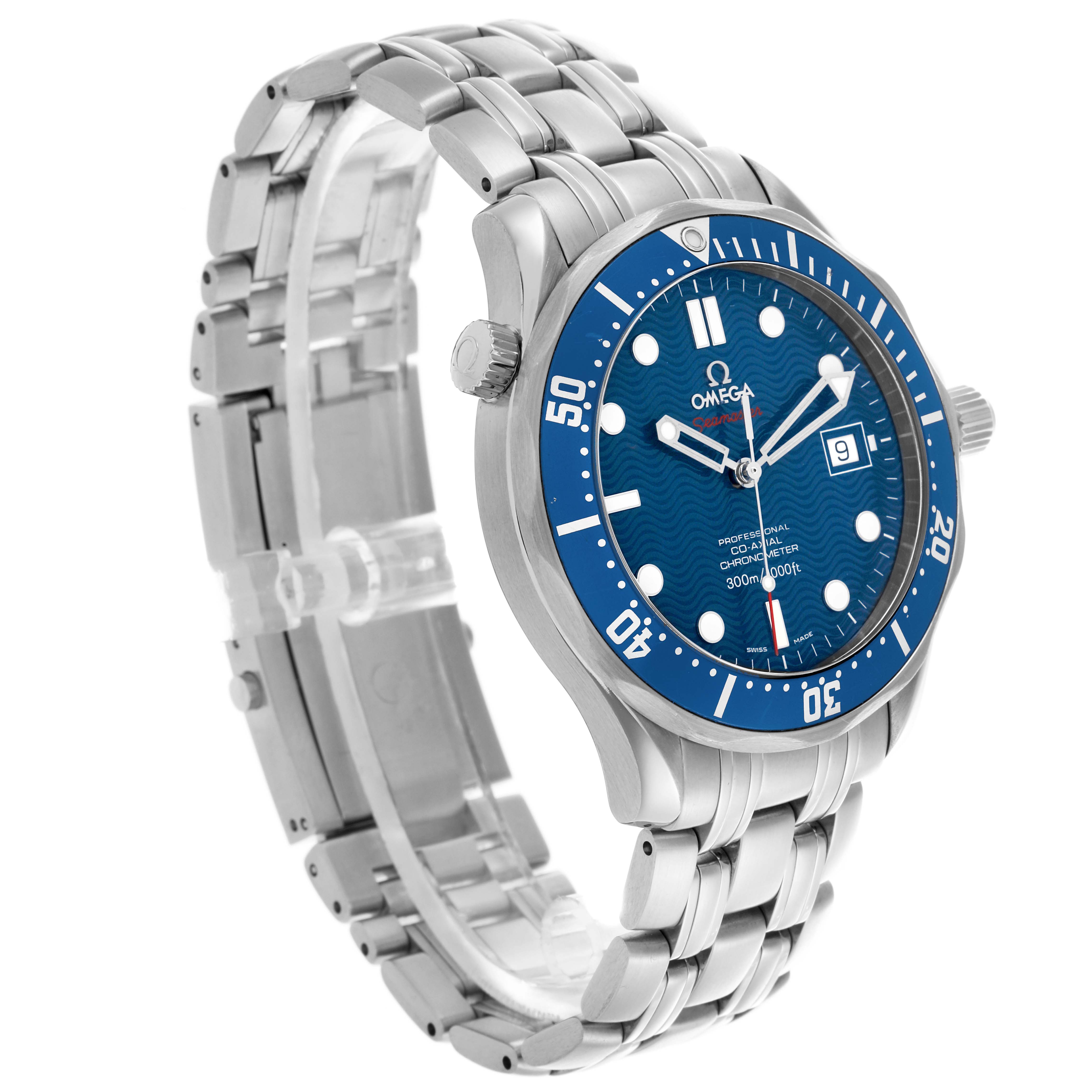 The Omega Seamaster 2220.80.00 Men
s Stainless Steel Blue Dial 2220.80.00 Men
s Stainless Steel Blue Dial watch is shown at a three-quarter angle, highlighting the blue dial, bezel, and metal bracelet.