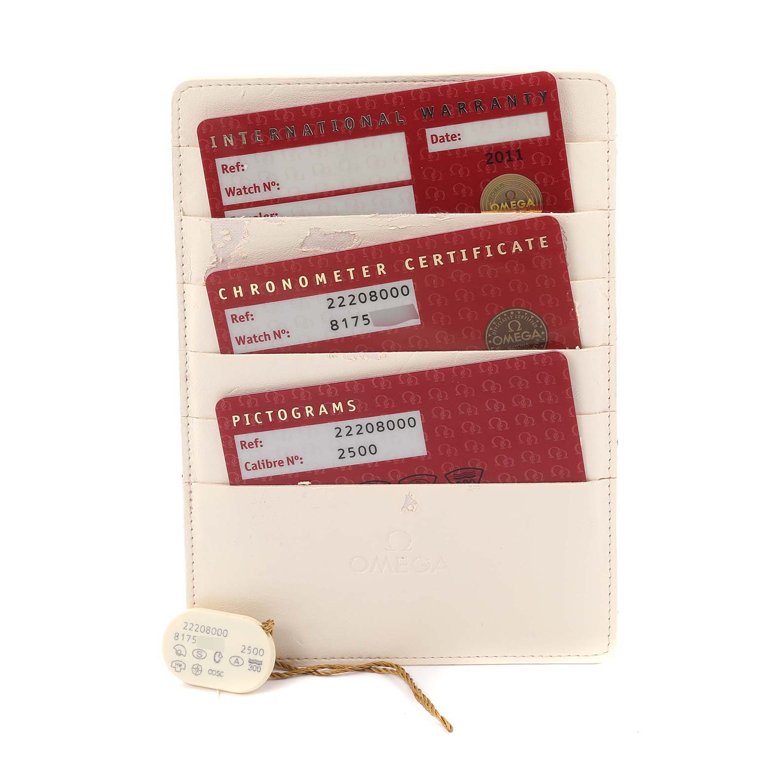 The image shows Omega Seamaster 2220.80.00 Men
s Stainless Steel Blue Dial 2220.80.00 Men
s Stainless Steel Blue Dial watch accessories including warranty, chronometer certificate, and pictogram cards.