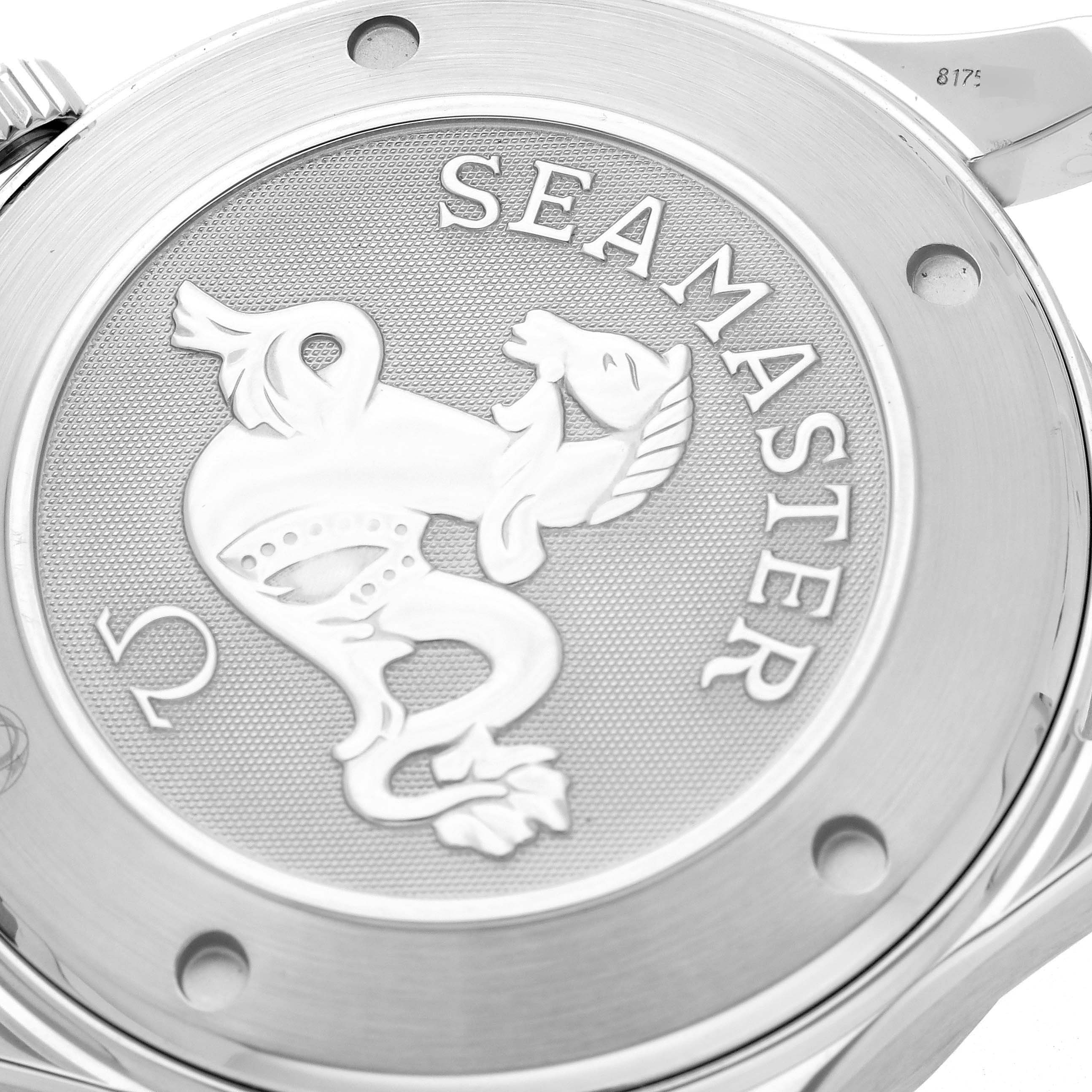 The image shows a close-up of the case back of the Omega Seamaster 2220.80.00 Men
s Stainless Steel Blue Dial 2220.80.00 Men
s Stainless Steel Blue Dial, featuring the engraved logo and branding.