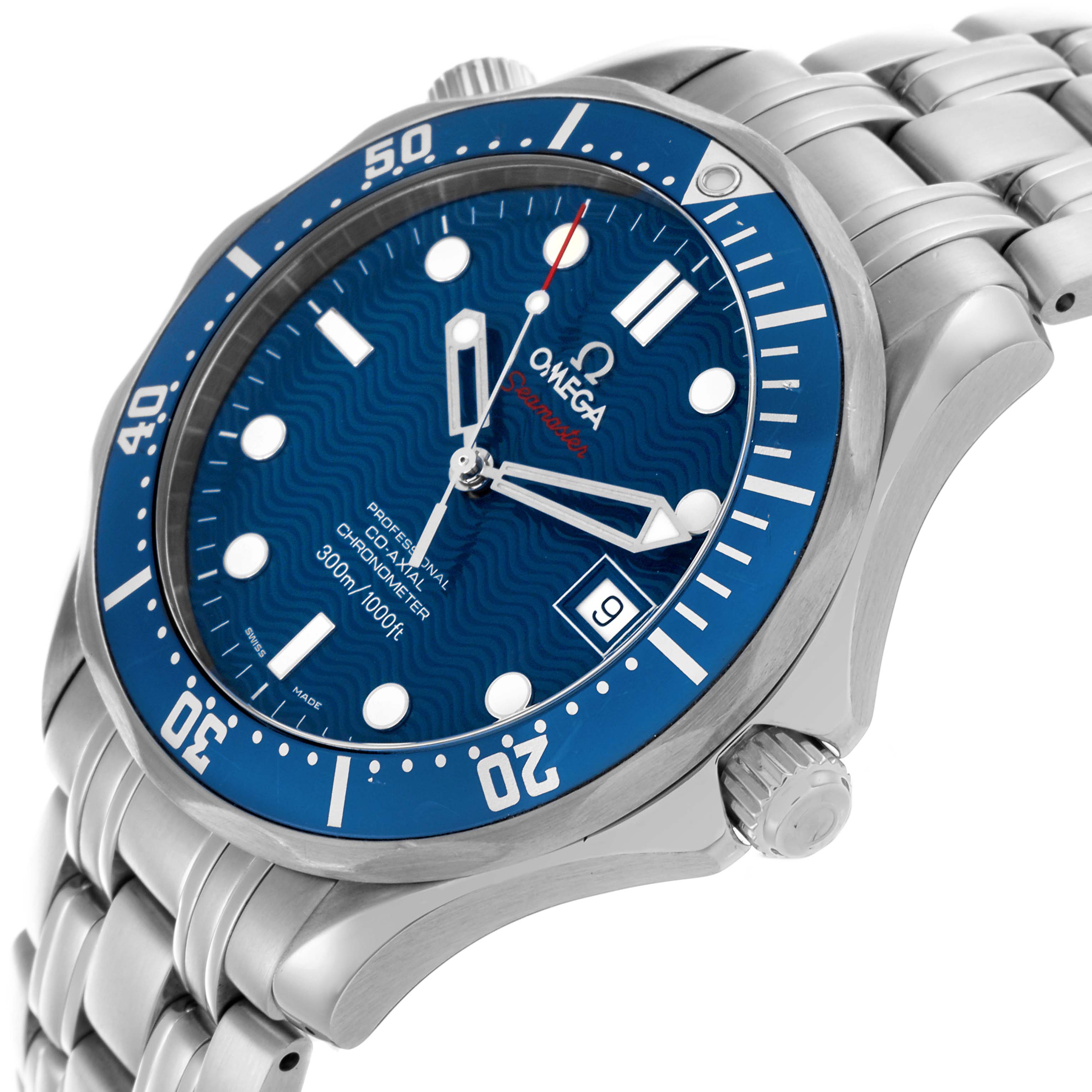 The image shows a side-angle view of the Omega Seamaster 2220.80.00 Men
s Stainless Steel Blue Dial 2220.80.00 Men
s Stainless Steel Blue Dial, highlighting the blue dial, bezel, crown, and bracelet.