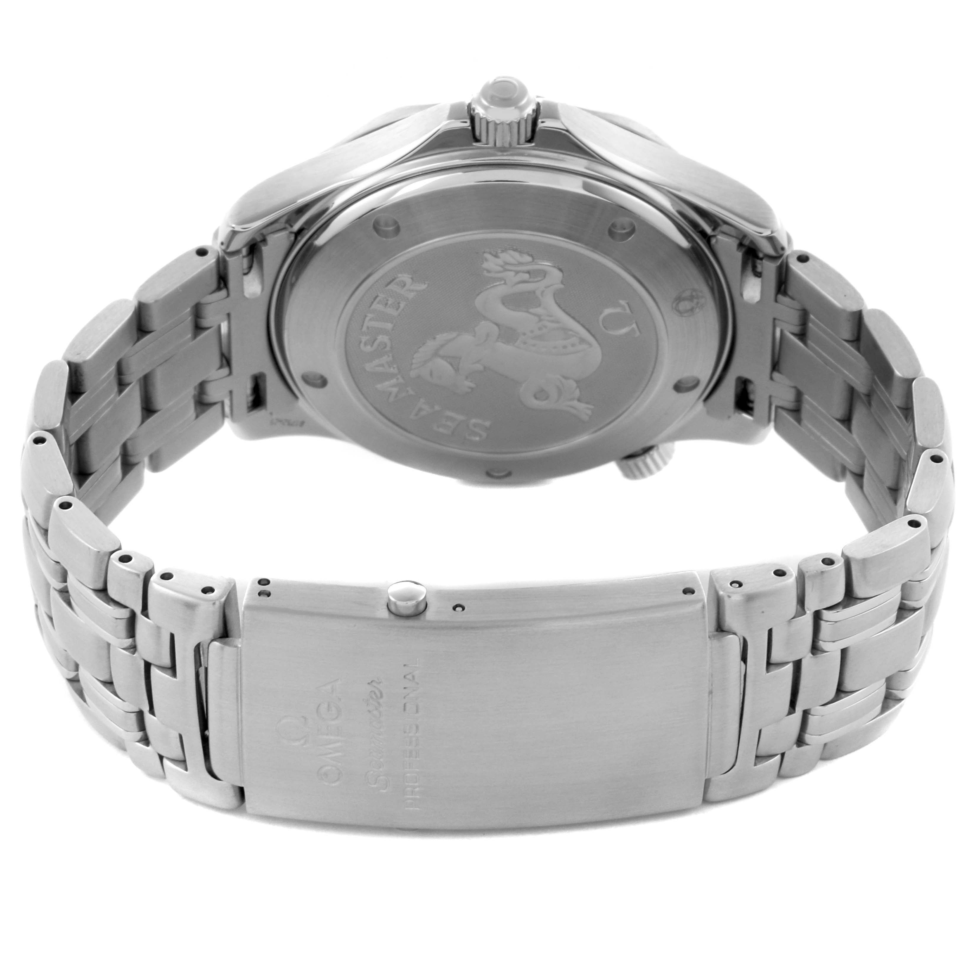 The image shows the back and bracelet of the Omega Seamaster 2220.80.00 Men
s Stainless Steel Blue Dial 2220.80.00 Men
s Stainless Steel Blue Dial watch, highlighting the case back with engravings.