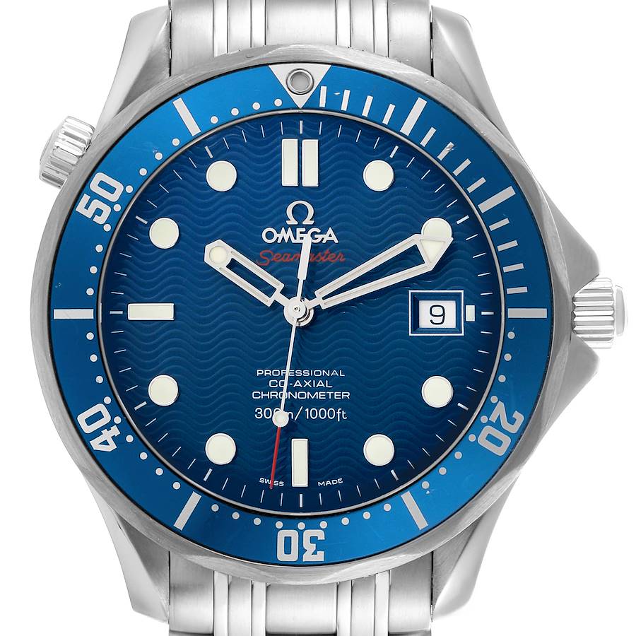 The Omega Seamaster watch is shown from the front, highlighting its blue dial, date window, and stainless steel bracelet.