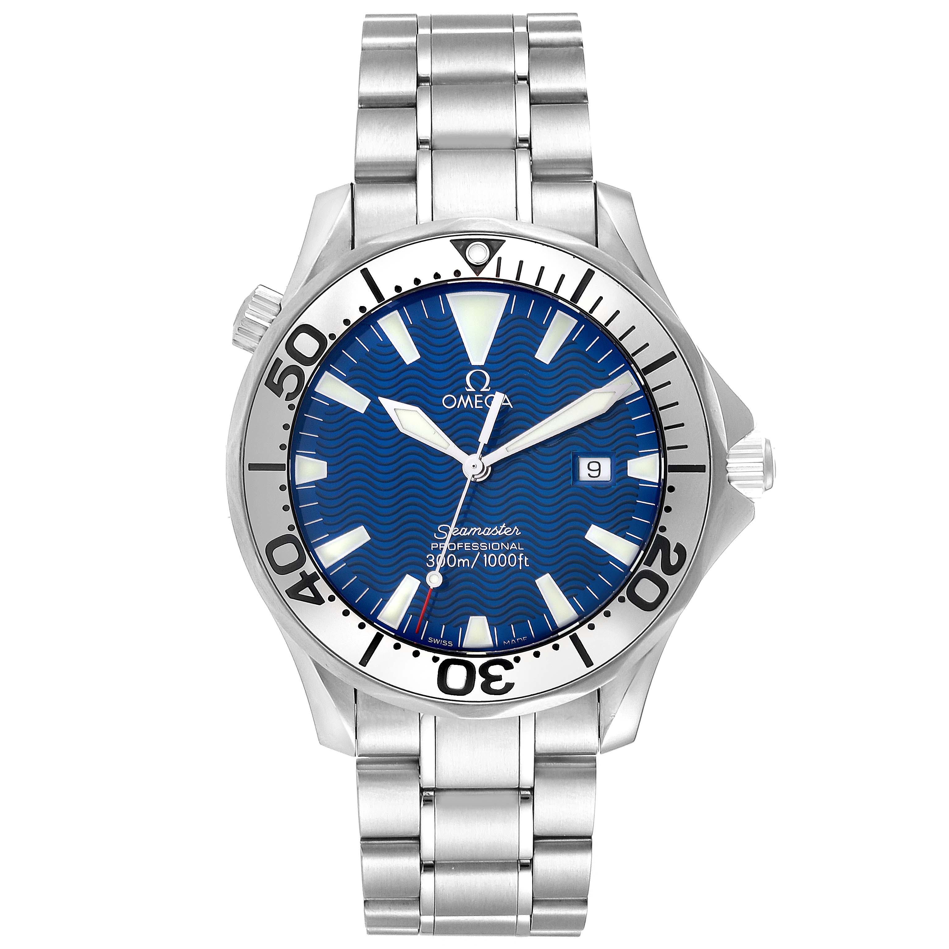 The image shows a frontal view of an Omega Seamaster 2265.80.00 Men
s Stainless Steel Blue Dial 2265.80.00 Men
s Stainless Steel Blue Dial watch, including its blue face, bezel, and stainless steel bracelet.