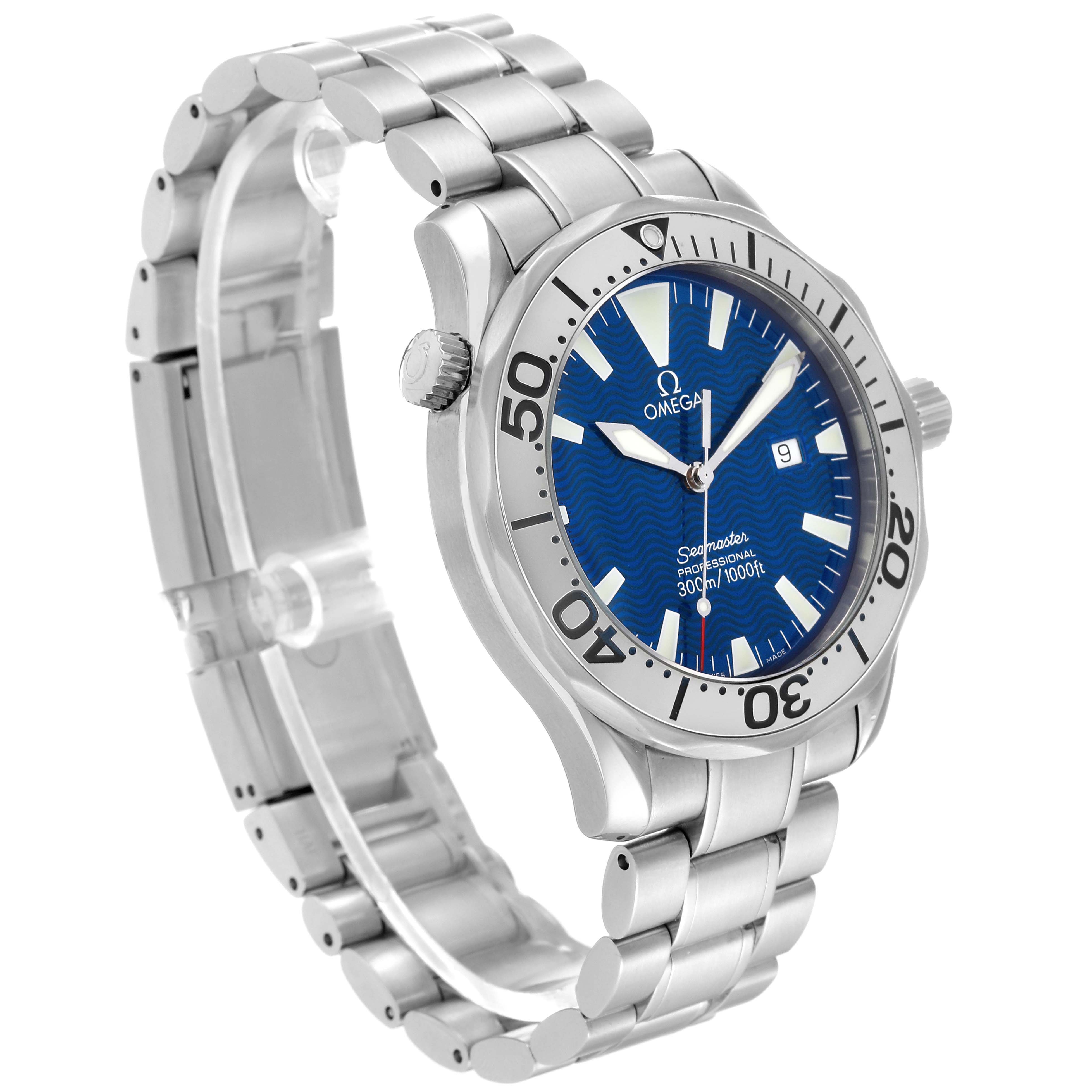 The image shows an angled side view of the Omega Seamaster 2265.80.00 Men
s Stainless Steel Blue Dial 2265.80.00 Men
s Stainless Steel Blue Dial watch, highlighting the blue dial, bezel, crown, and metal bracelet.