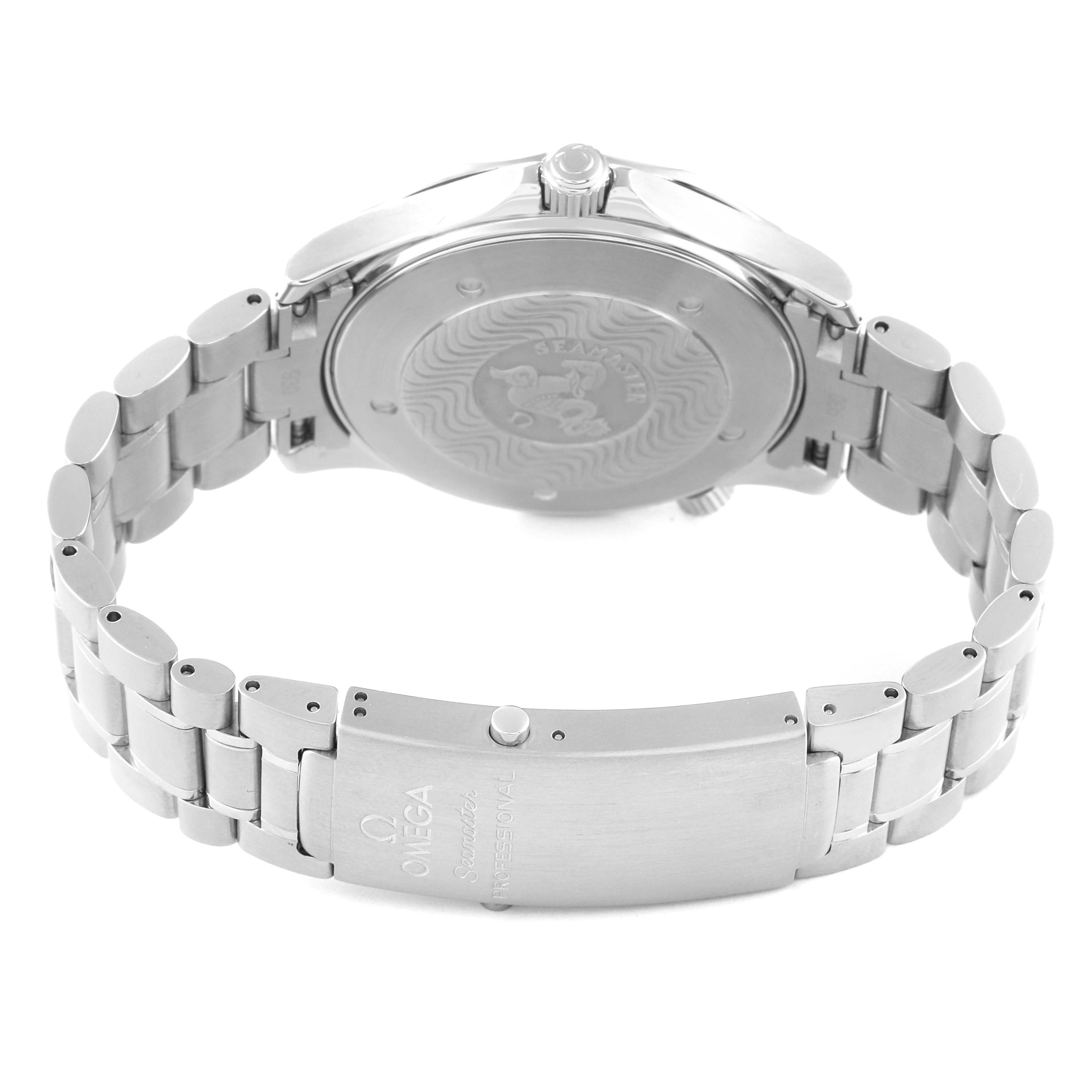 The image shows the back of the Omega Seamaster 2265.80.00 Men
s Stainless Steel Blue Dial 2265.80.00 Men
s Stainless Steel Blue Dial watch, focusing on the clasp, bracelet, and case back.