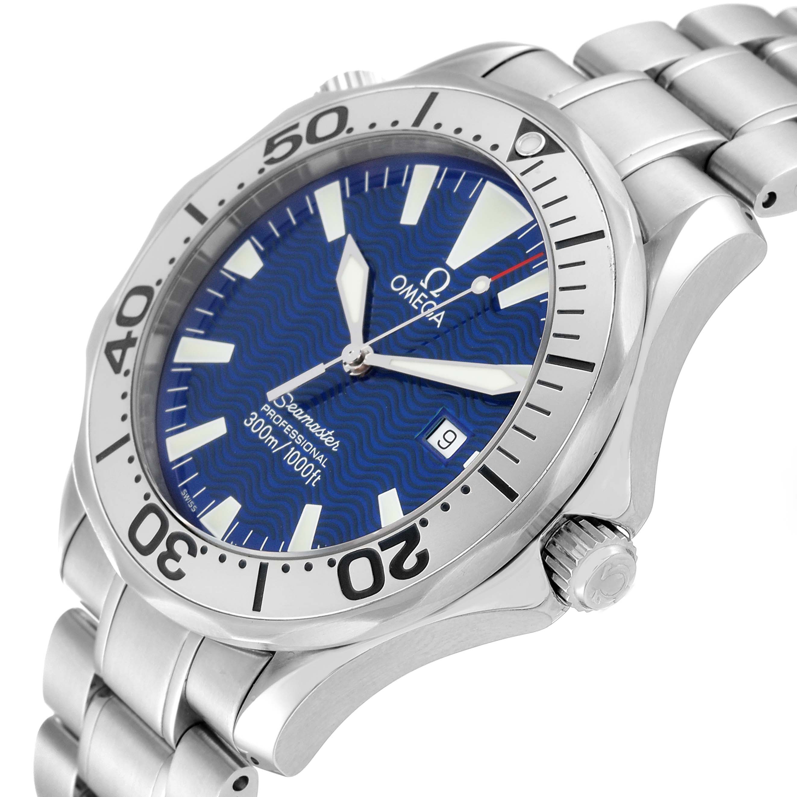The image shows a side angle of the Omega Seamaster 2265.80.00 Men
s Stainless Steel Blue Dial 2265.80.00 Men
s Stainless Steel Blue Dial watch, highlighting its blue dial, stainless steel case, bezel, and bracelet.