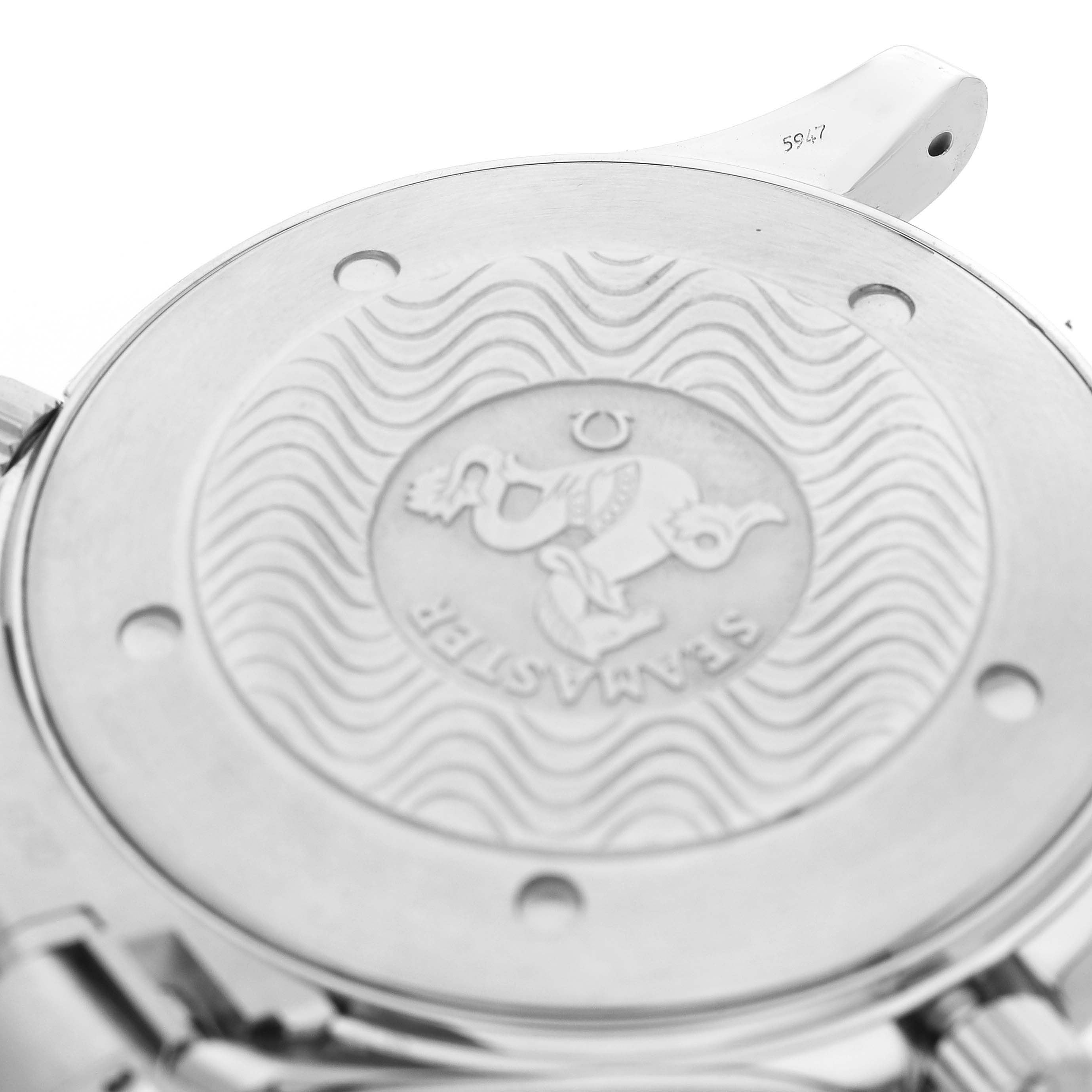 The image shows the engraved case back of an Omega Seamaster 2265.80.00 Men
s Stainless Steel Blue Dial 2265.80.00 Men
s Stainless Steel Blue Dial watch, featuring the distinctive logo and wave pattern.