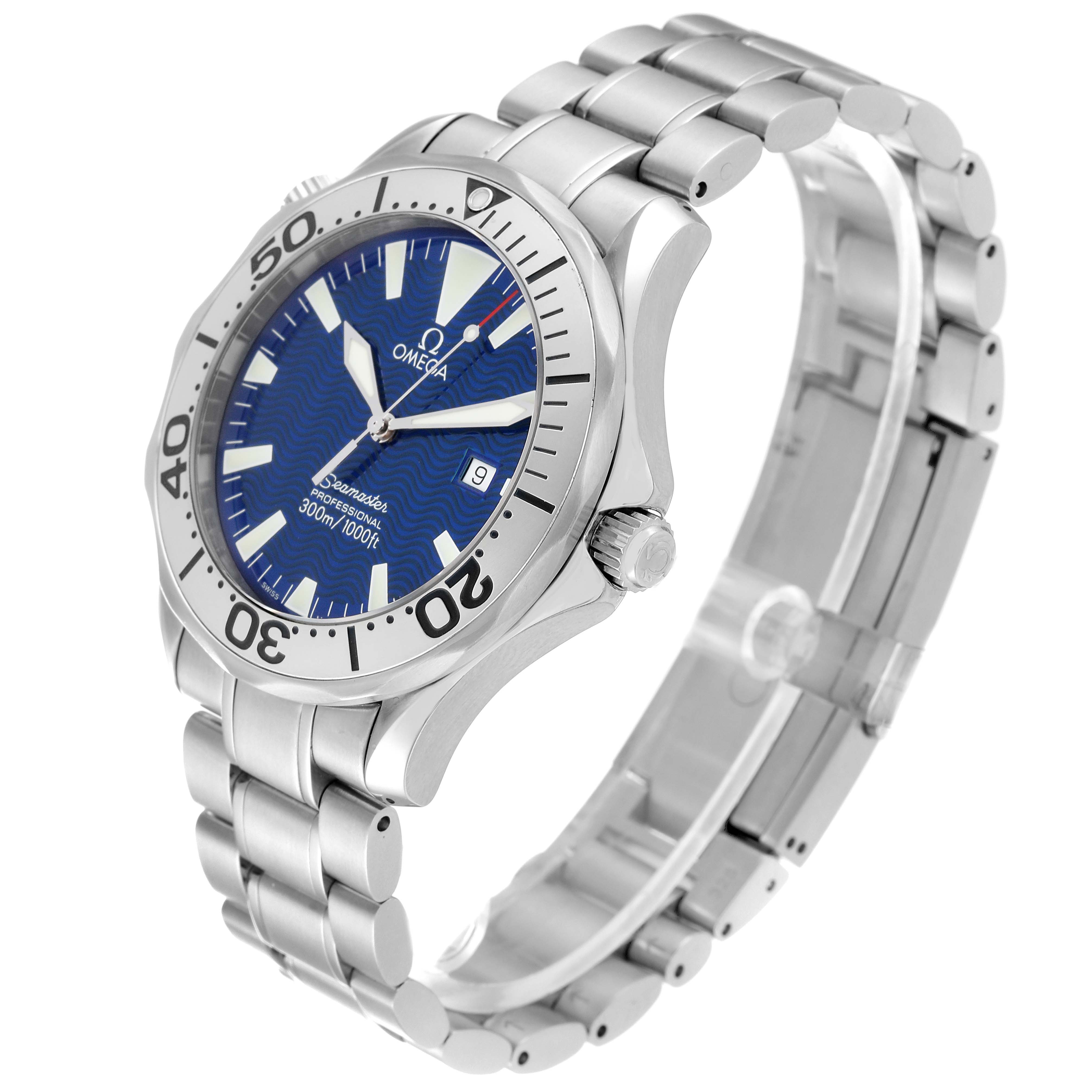 The image shows a side angle of an Omega Seamaster 2265.80.00 Men
s Stainless Steel Blue Dial 2265.80.00 Men
s Stainless Steel Blue Dial watch, highlighting the face, bezel, crown, and metal bracelet.