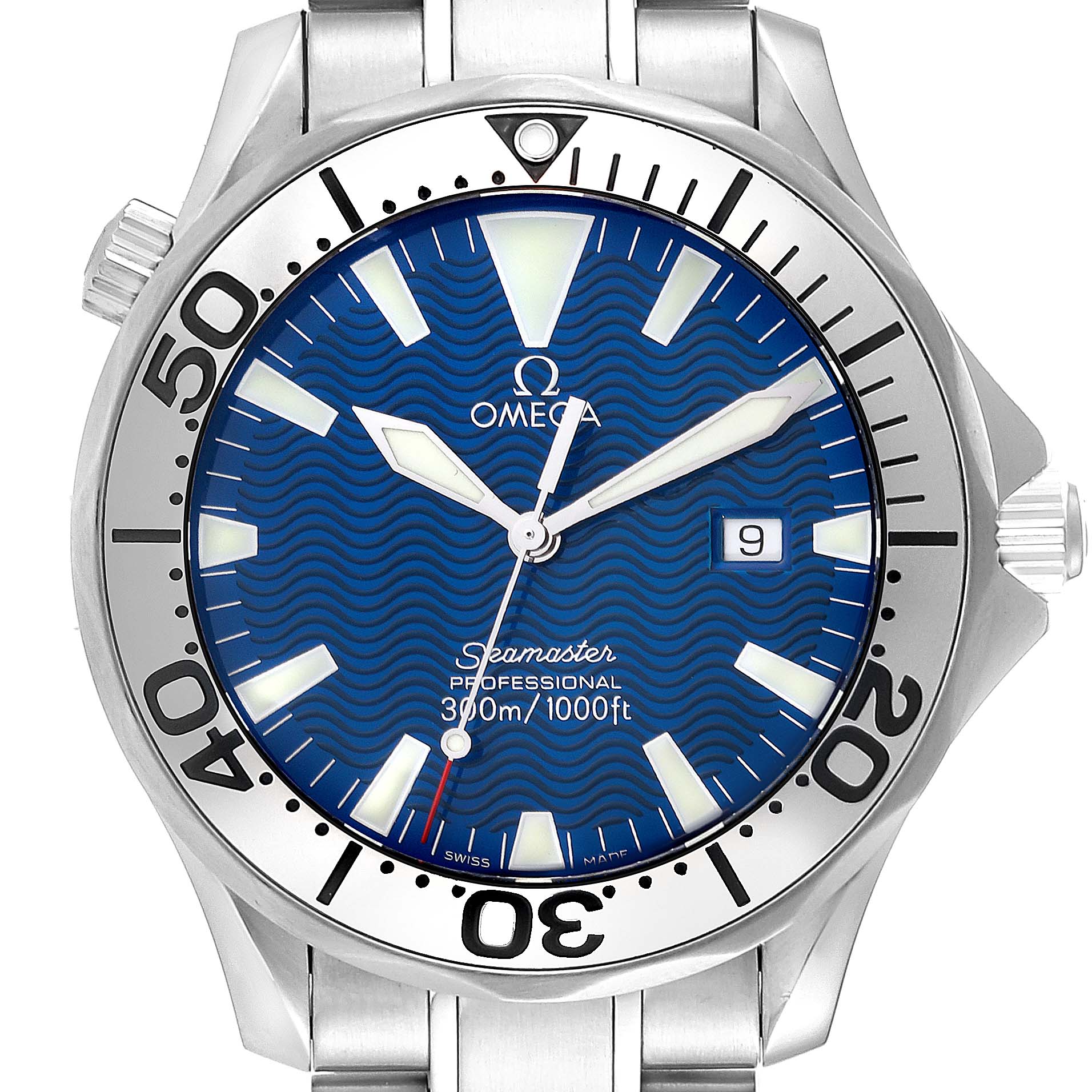 This is a front-angle view of the Omega Seamaster 2265.80.00 Men
s Stainless Steel Blue Dial 2265.80.00 Men
s Stainless Steel Blue Dial, showing the face, bezel, crown, and part of the bracelet.