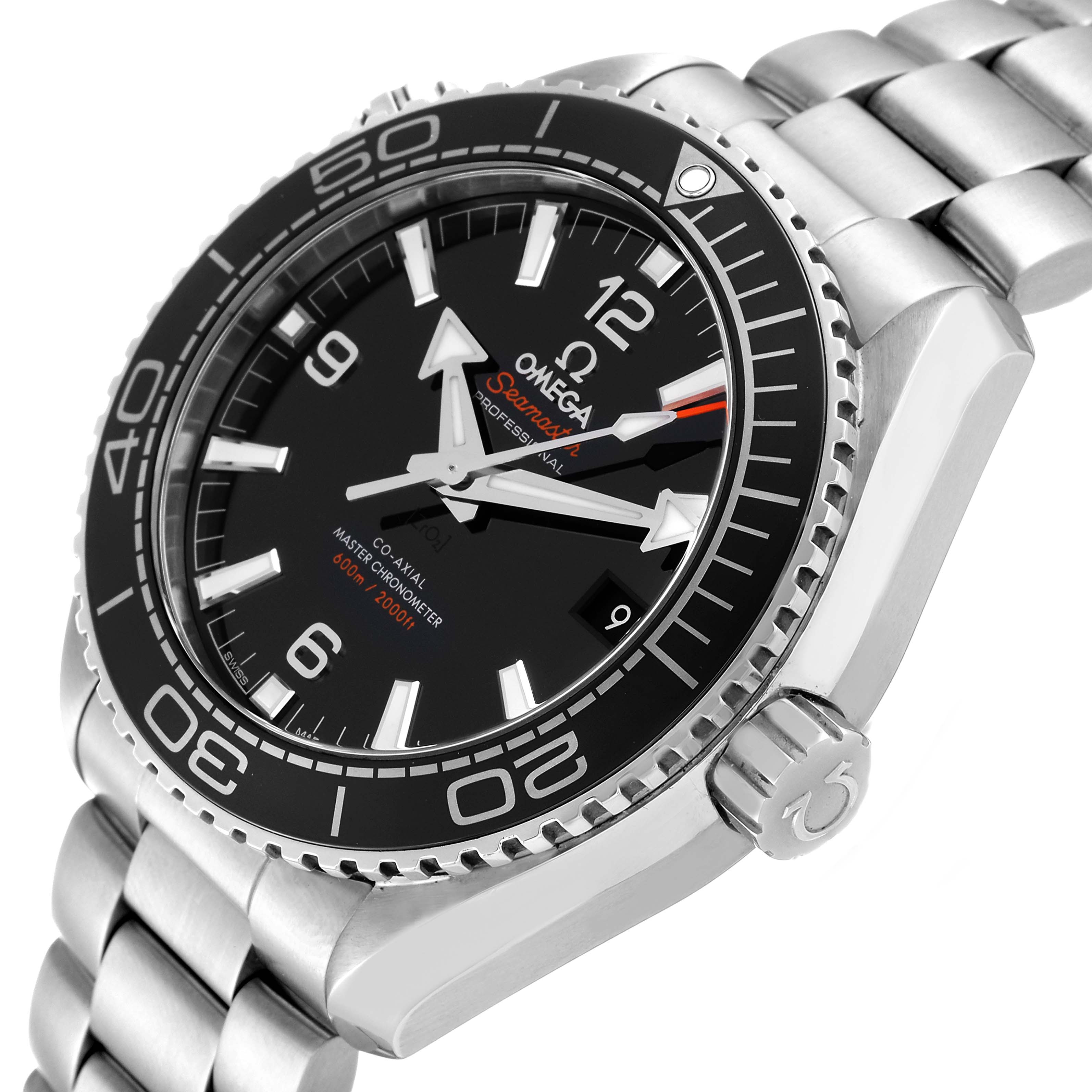 The image shows a close-up angled view of the Omega Planet Ocean 215.30.44.21.01.001 Men
s Stainless Steel Black Dial 215.30.44.21.01.001 Men
s Stainless Steel Black Dial watch, highlighting the dial, bezel, crown, and bracelet.