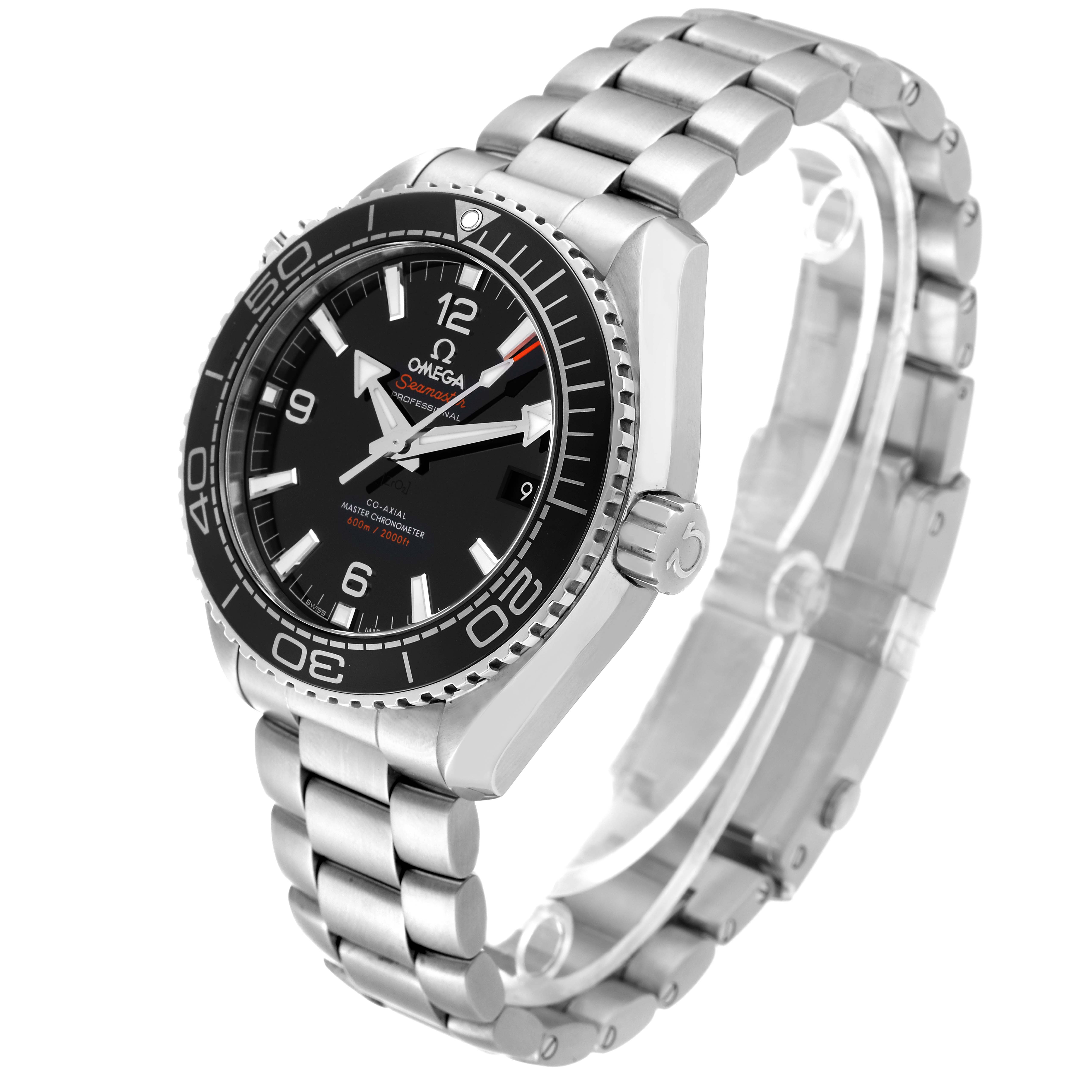 The image shows an Omega Planet Ocean 215.30.44.21.01.001 Men
s Stainless Steel Black Dial 215.30.44.21.01.001 Men
s Stainless Steel Black Dial watch from a side angle, highlighting its face, bezel, bracelet, and crown.