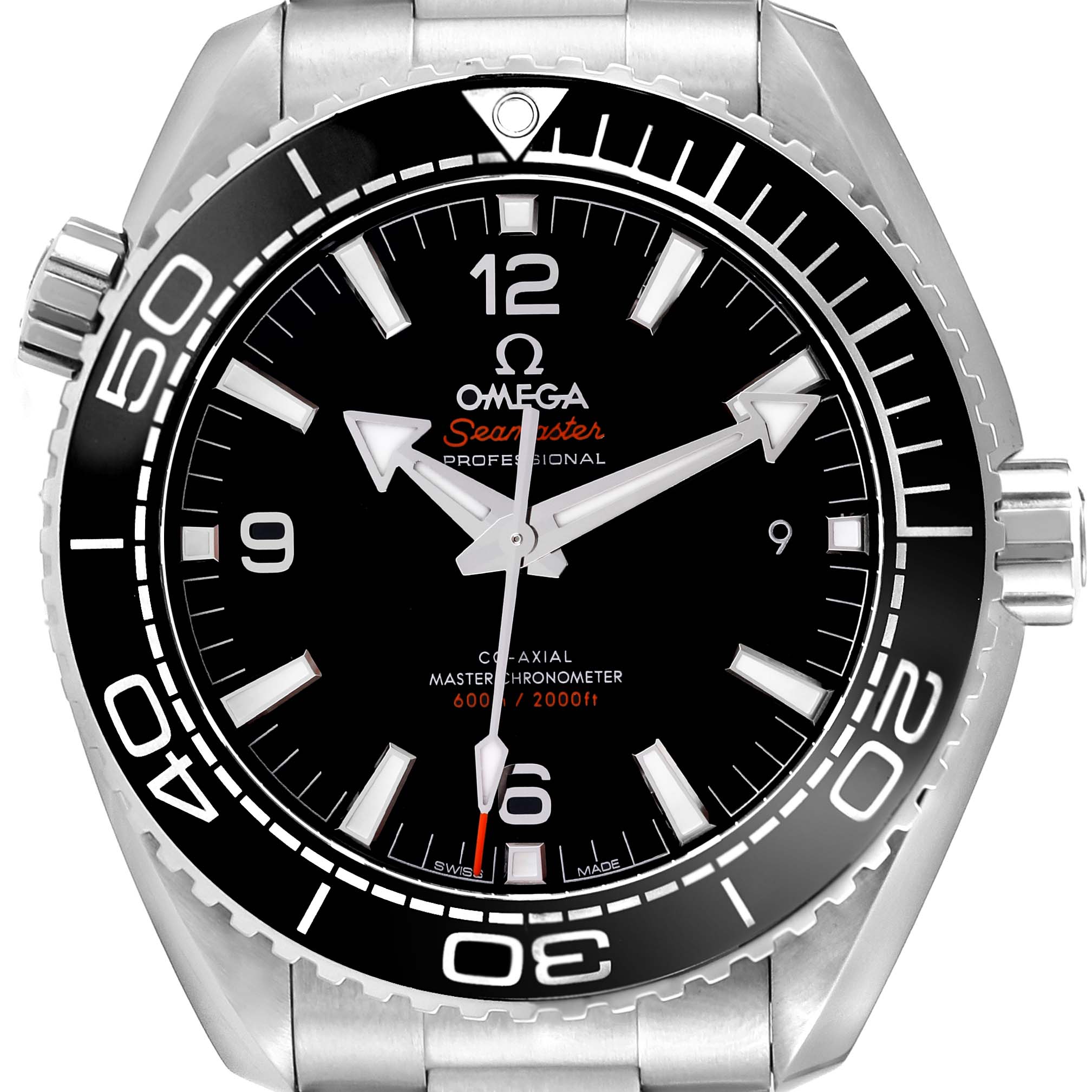 The image shows a front view of an Omega Seamaster Planet Ocean watch, highlighting the dial, bezel, and crown.