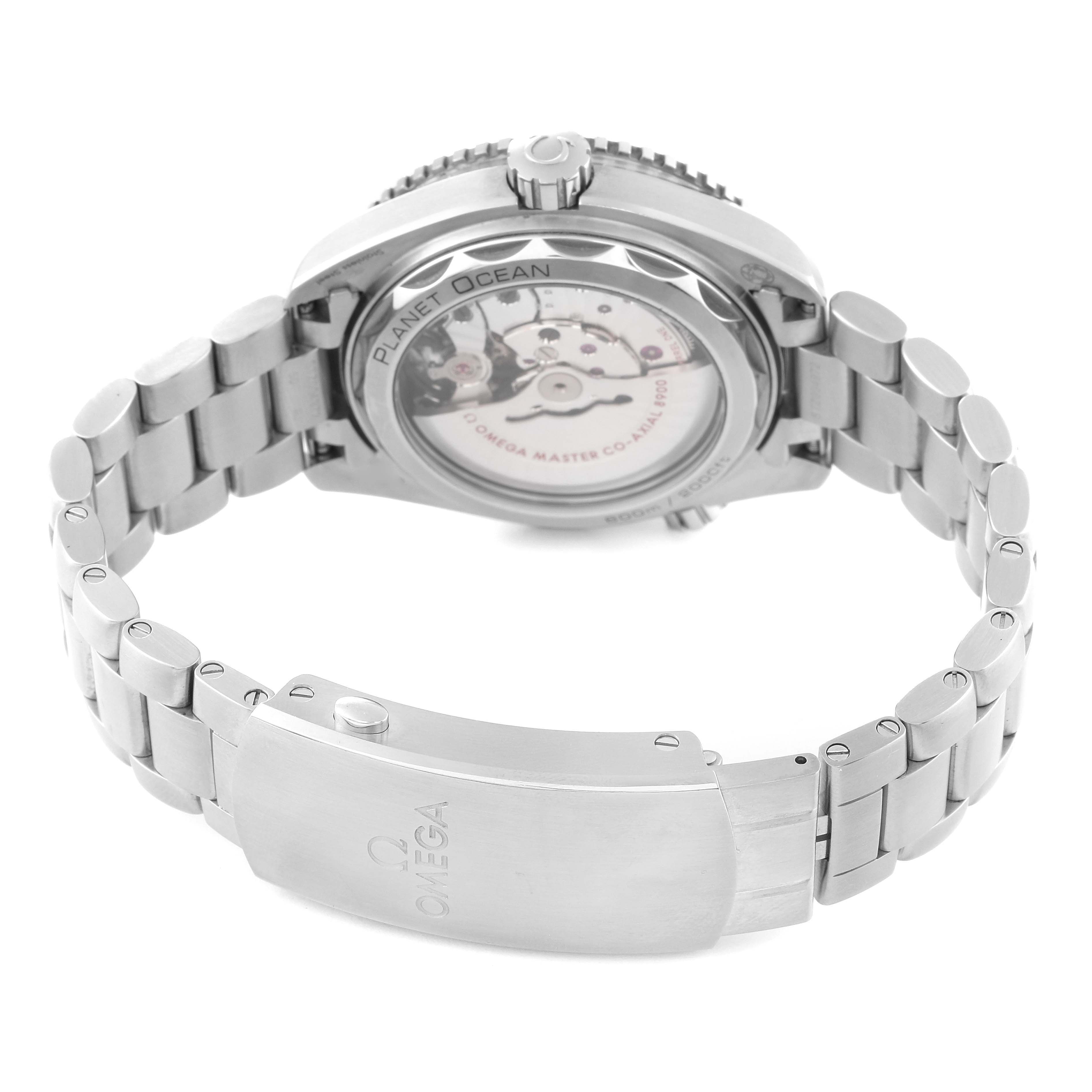 This image shows the back view of an Omega Planet Ocean 215.30.44.21.01.001 Men
s Stainless Steel Black Dial 215.30.44.21.01.001 Men
s Stainless Steel Black Dial watch, displaying the movement and metal bracelet clasp.