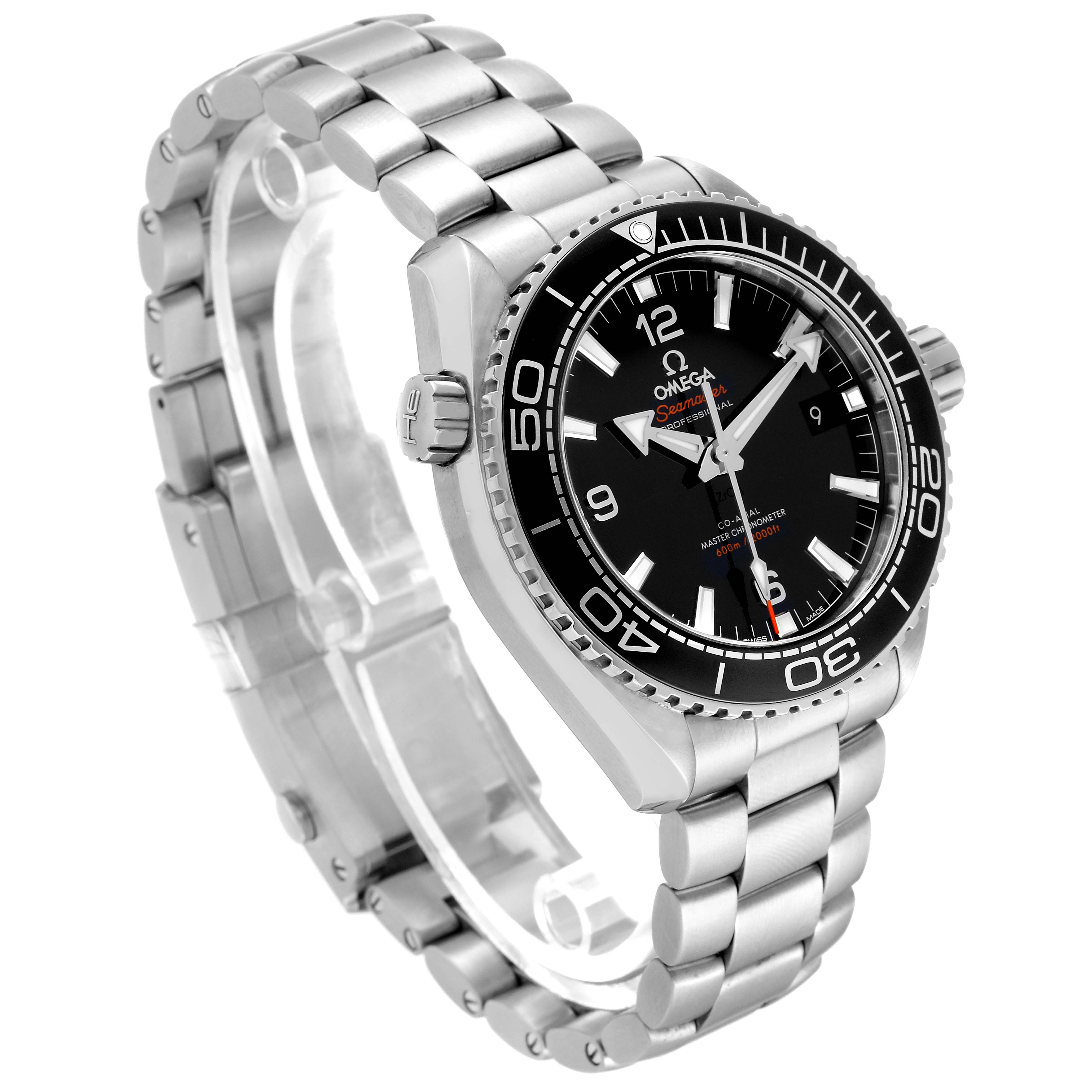 The Omega Planet Ocean 215.30.44.21.01.001 Men
s Stainless Steel Black Dial 215.30.44.21.01.001 Men
s Stainless Steel Black Dial watch is shown at an angled view, highlighting its dial, bezel, and stainless steel bracelet.