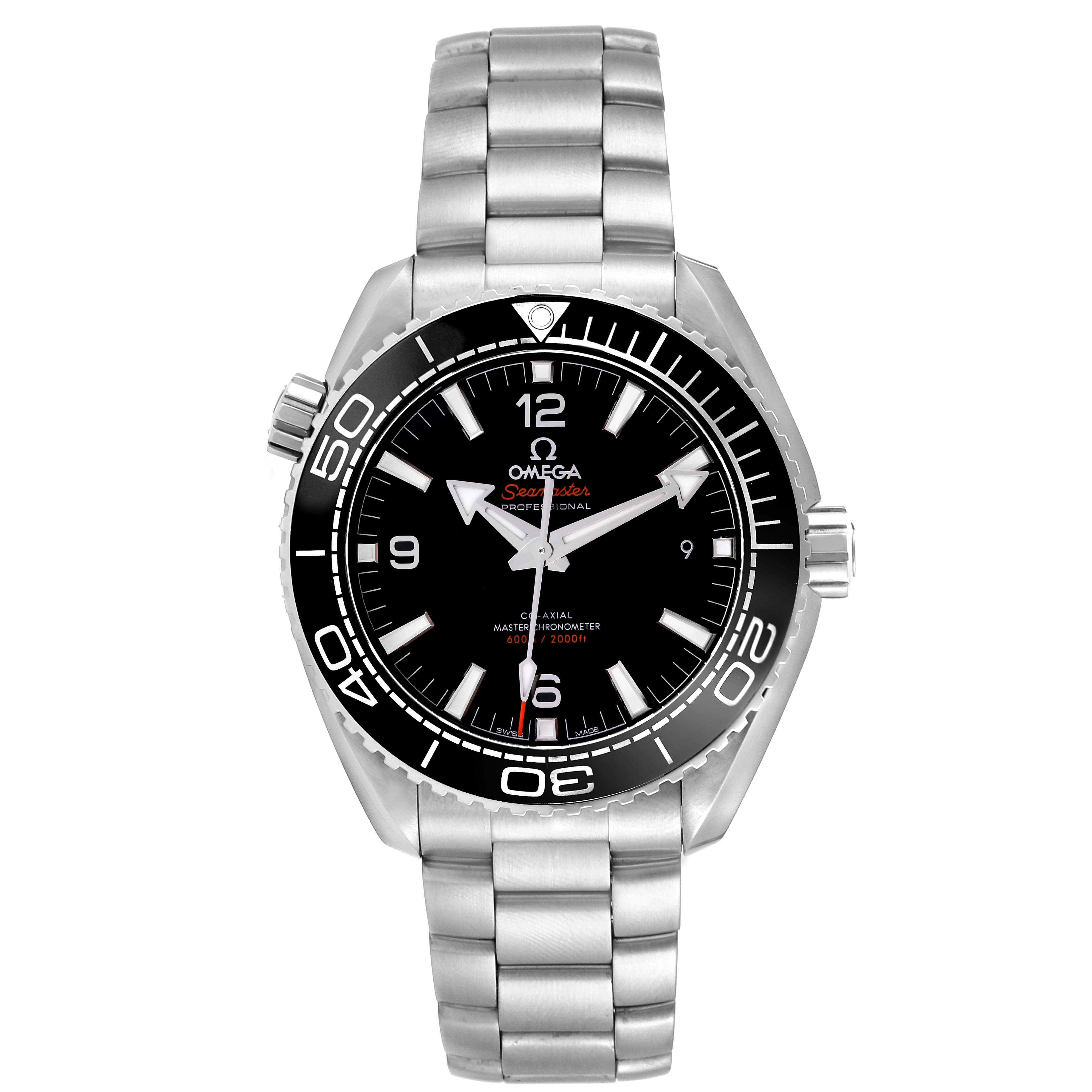 The image shows a front view of an Omega Planet Ocean 215.30.44.21.01.001 Men
s Stainless Steel Black Dial 215.30.44.21.01.001 Men
s Stainless Steel Black Dial watch, highlighting the dial, bezel, bracelet, and crown.