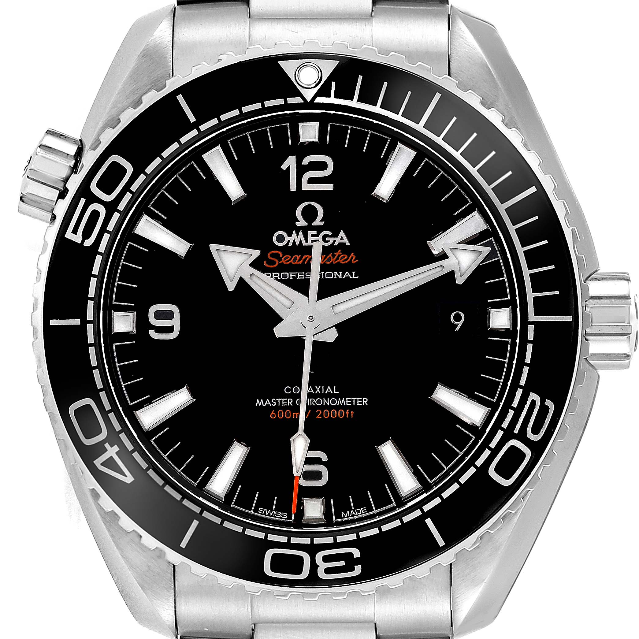 This image shows a front view of the Omega Planet Ocean 215.30.44.21.01.001 Men
s Stainless Steel Black Dial 215.30.44.21.01.001 Men
s Stainless Steel Black Dial Seamaster watch, highlighting its dial, bezel, crown, and stainless steel bracelet.