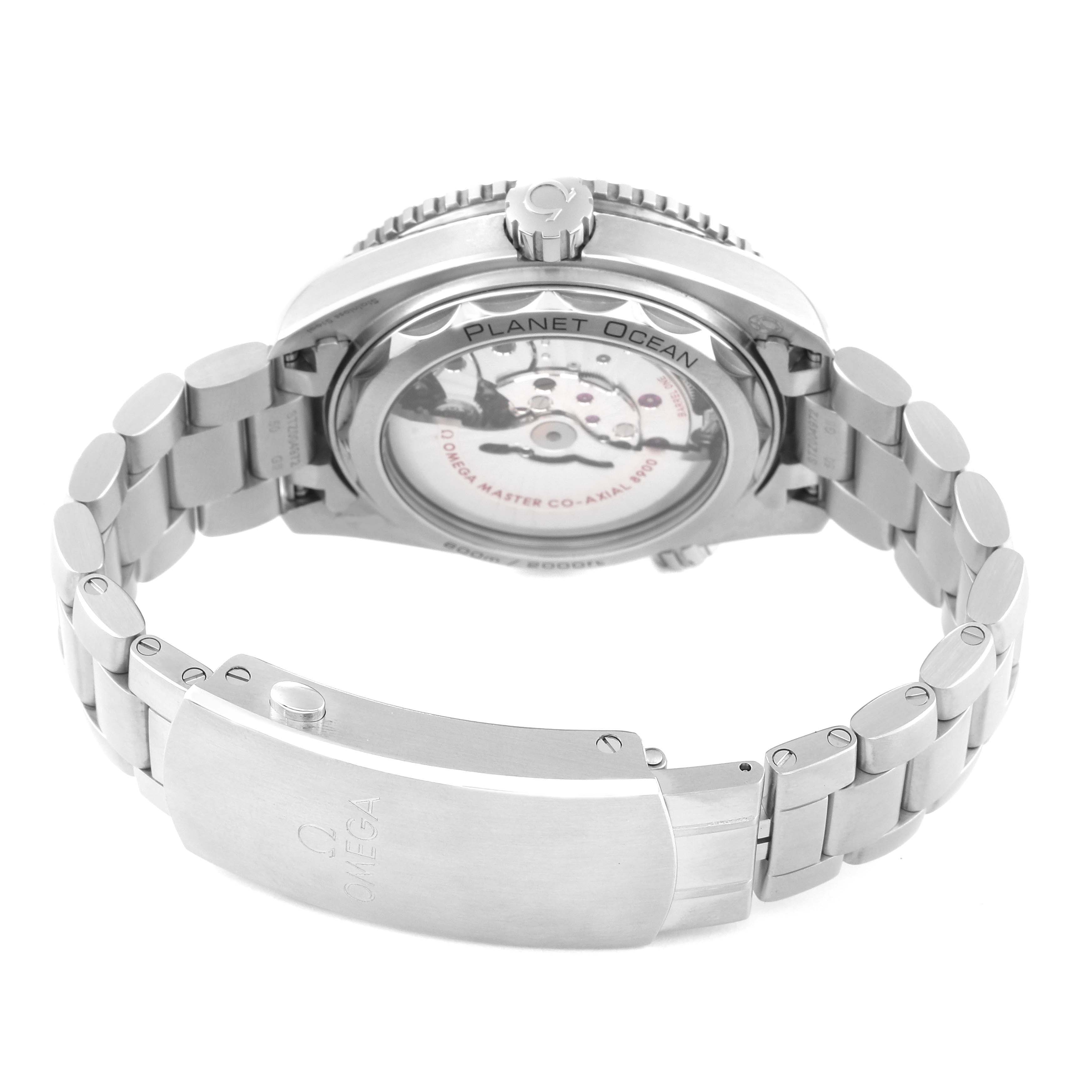 This image shows the back view of an Omega Planet Ocean 215.30.44.21.01.001 Men
s Stainless Steel Black Dial 215.30.44.21.01.001 Men
s Stainless Steel Black Dial watch, including its open case back and metal bracelet.