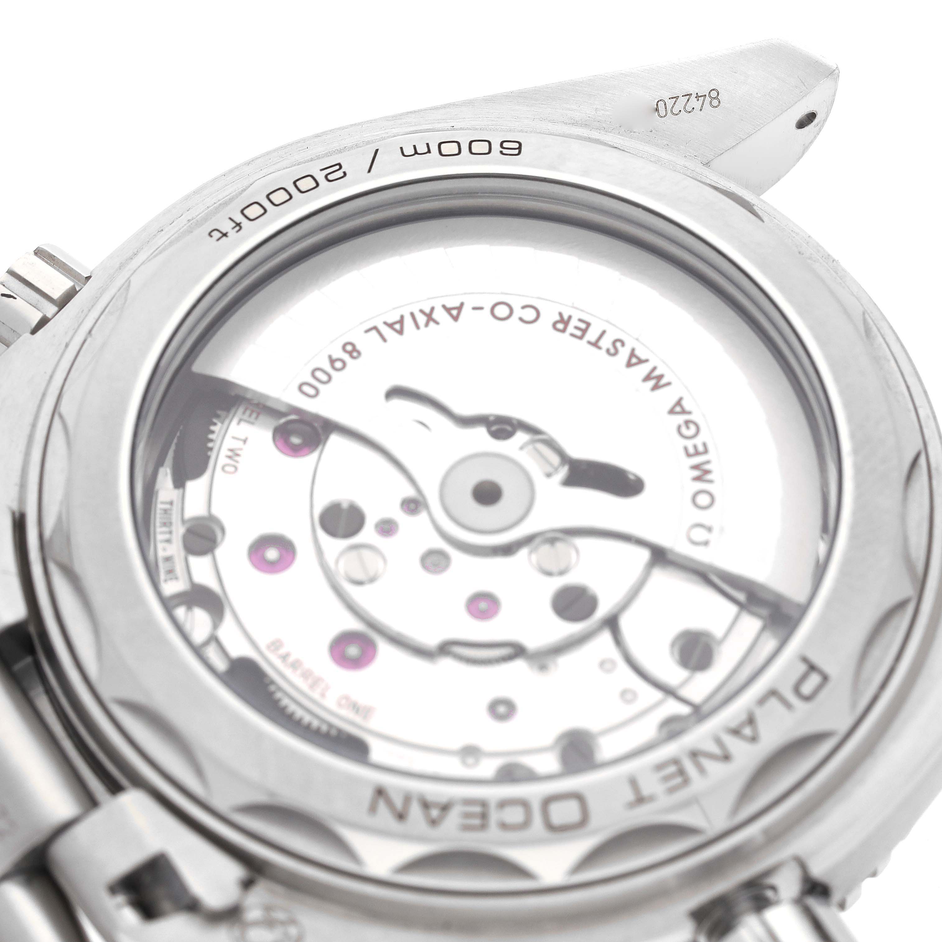 This image shows the back view of the Omega Planet Ocean 215.30.44.21.01.001 Men
s Stainless Steel Black Dial 215.30.44.21.01.001 Men
s Stainless Steel Black Dial watch, highlighting the inner movement and the engraved details.