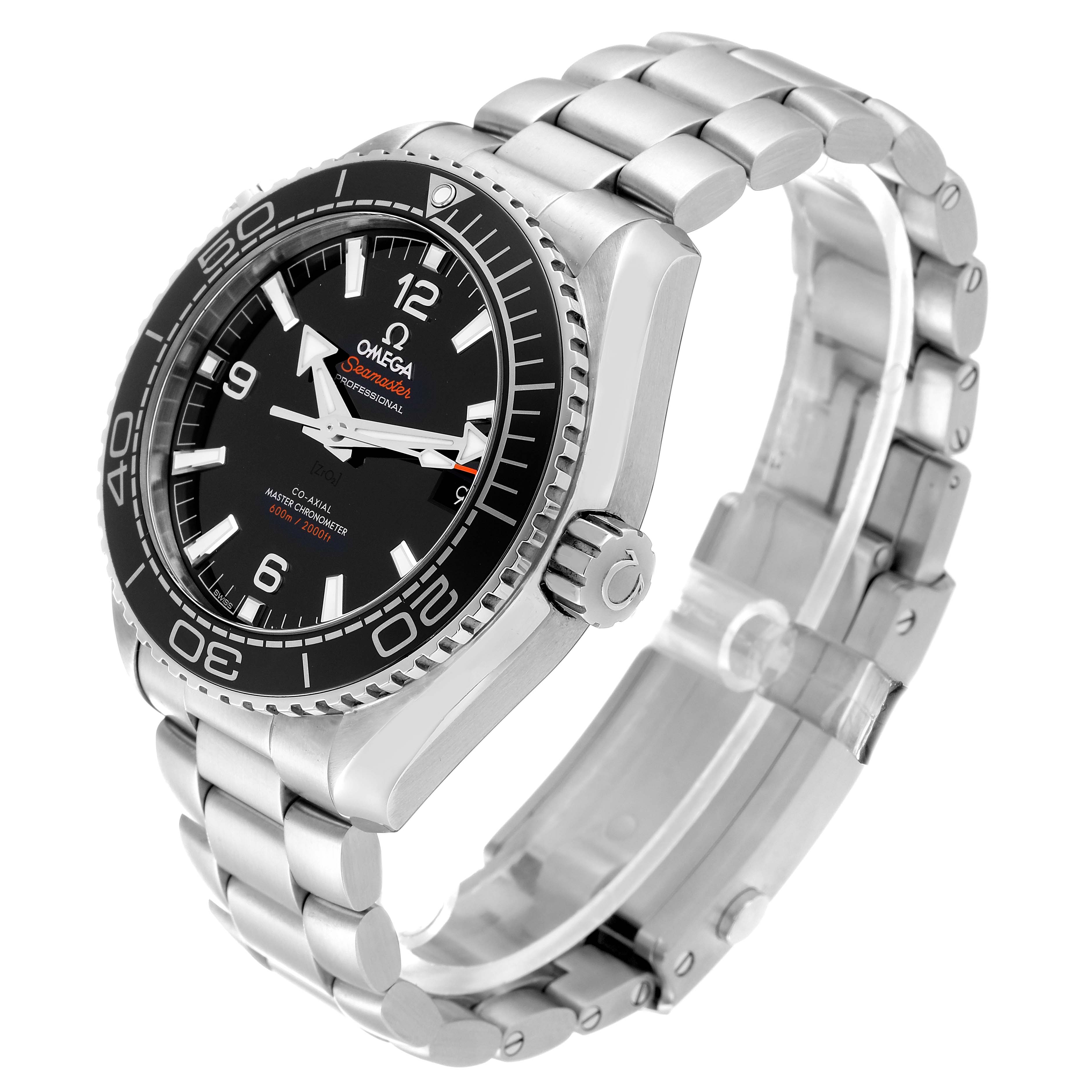 This image shows a side view of the Omega Planet Ocean 215.30.44.21.01.001 Men
s Stainless Steel Black Dial 215.30.44.21.01.001 Men
s Stainless Steel Black Dial watch, highlighting its bezel, crown, and bracelet.