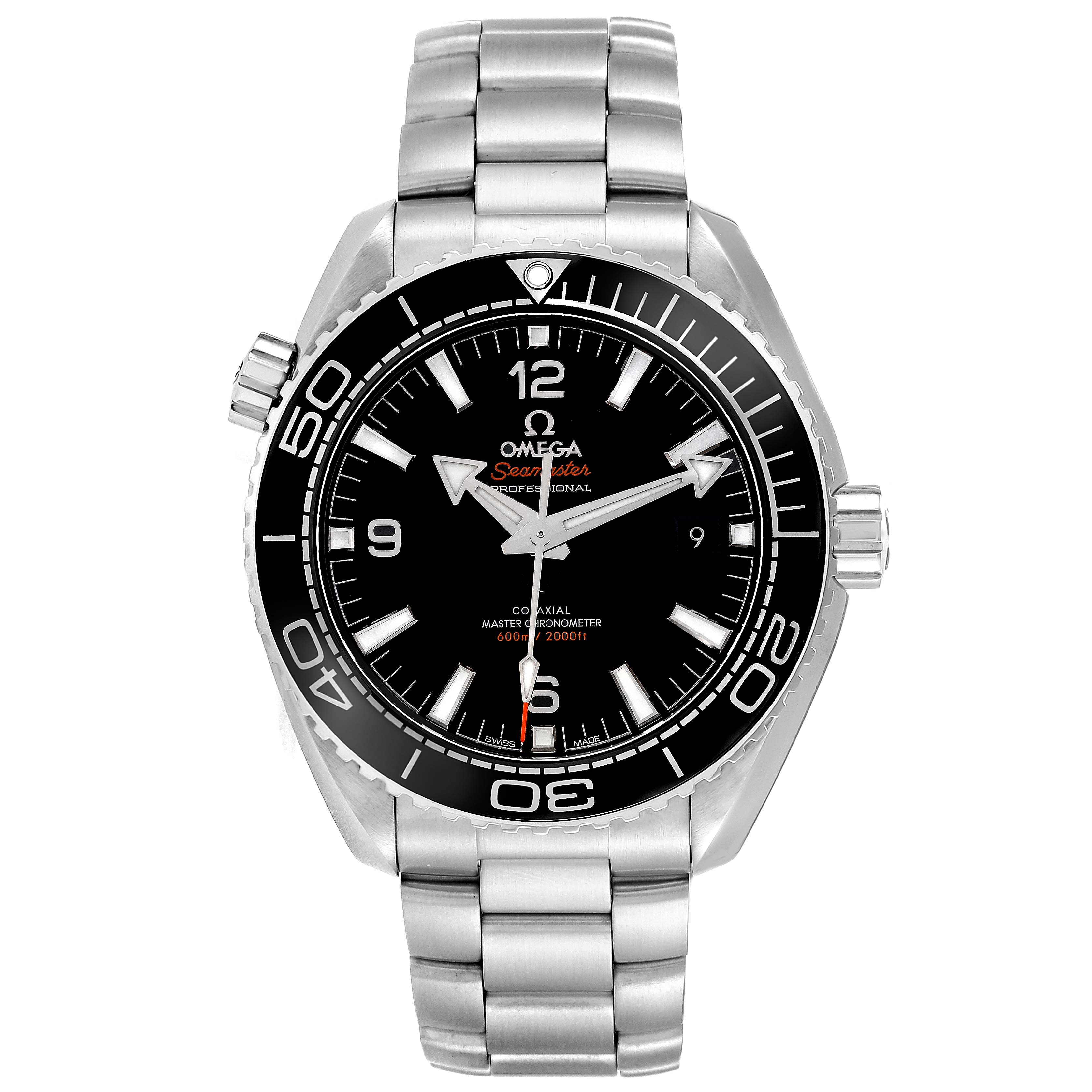 The image shows a front view of the Omega Planet Ocean 215.30.44.21.01.001 Men
s Stainless Steel Black Dial 215.30.44.21.01.001 Men
s Stainless Steel Black Dial model watch, highlighting its black dial, bezel, and stainless steel bracelet.