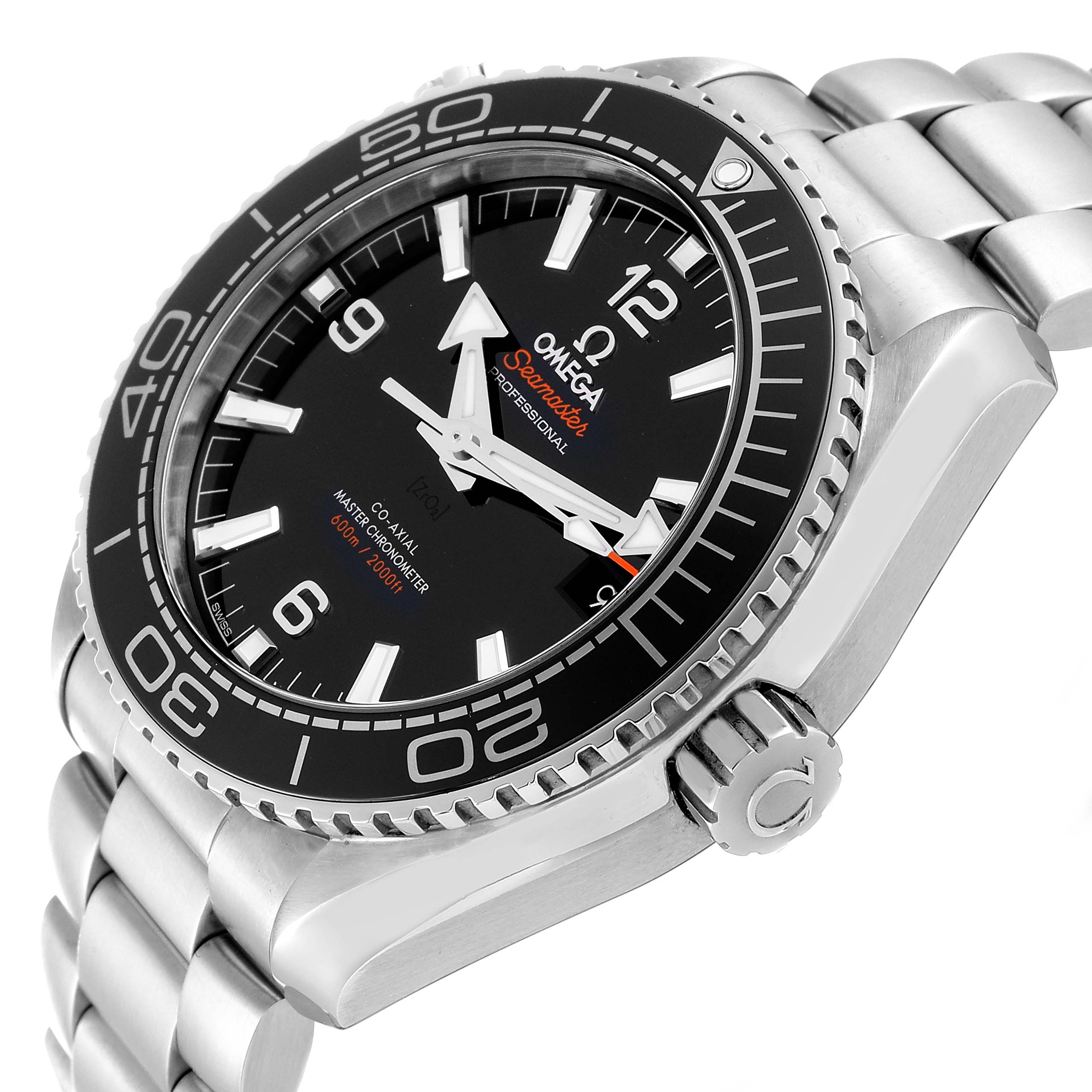 The image shows a front angle of the Omega Planet Ocean 215.30.44.21.01.001 Men
s Stainless Steel Black Dial 215.30.44.21.01.001 Men
s Stainless Steel Black Dial watch, highlighting the dial, bezel, crown, and bracelet.