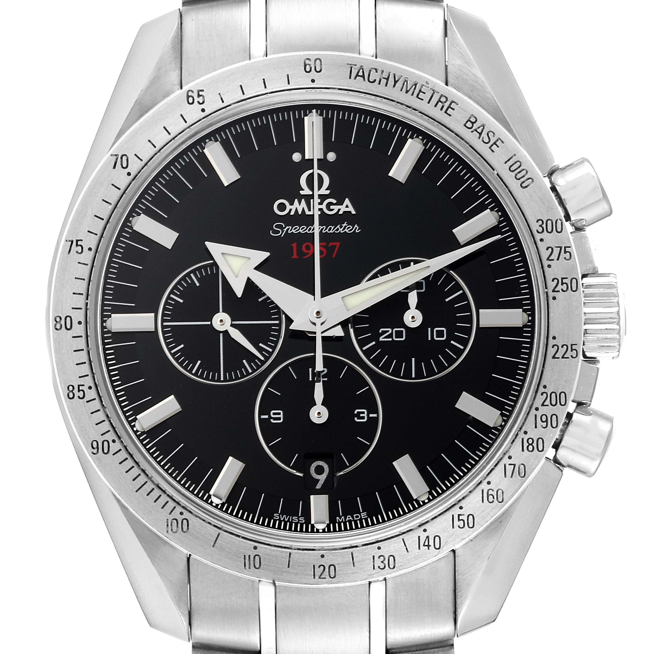 The image shows a front view of the Omega Speedmaster 321.10.42.50.01.001 Men's Stainless Steel Black Dial 321.10.42.50.01.001 Men's Stainless Steel Black Dial watch, highlighting its dial, tachymeter, and chronograph subdials.