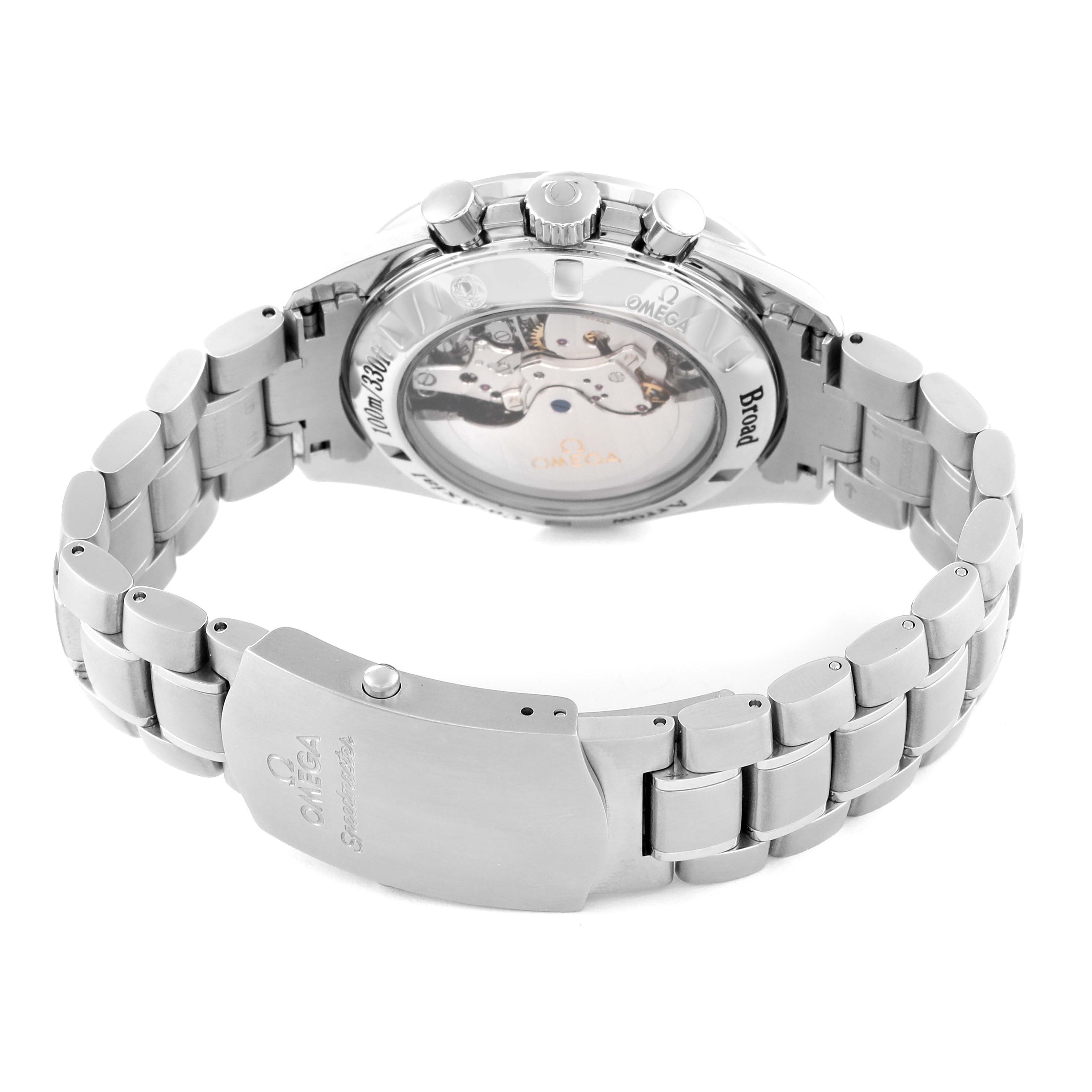 The image shows the back of the Omega Speedmaster 321.10.42.50.01.001 Men's Stainless Steel Black Dial 321.10.42.50.01.001 Men's Stainless Steel Black Dial watch, highlighting its transparent case back and stainless steel bracelet.