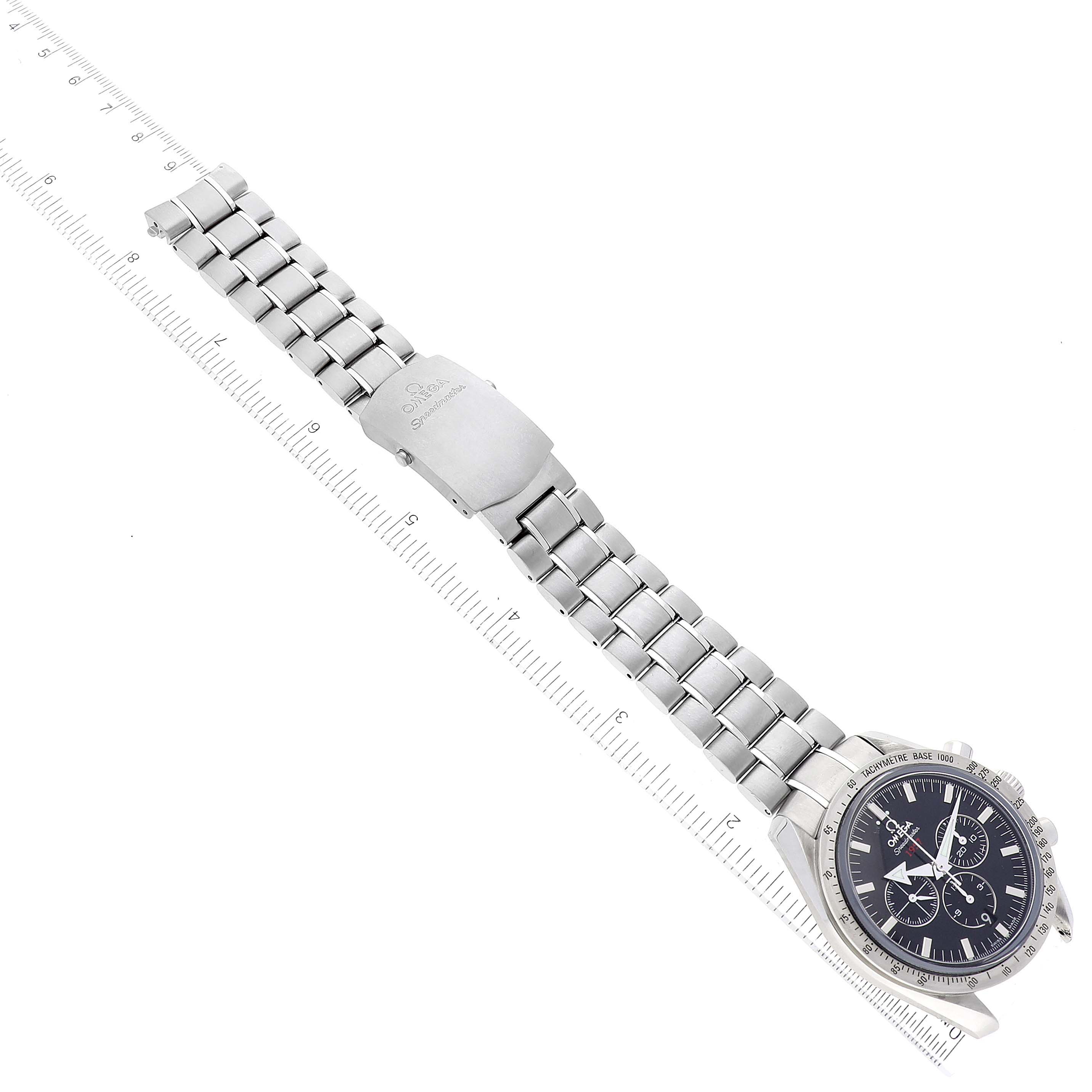 The Omega Speedmaster 321.10.42.50.01.001 Men's Stainless Steel Black Dial 321.10.42.50.01.001 Men's Stainless Steel Black Dial watch is shown from a top-down angle, displaying its face, bracelet, and clasp.