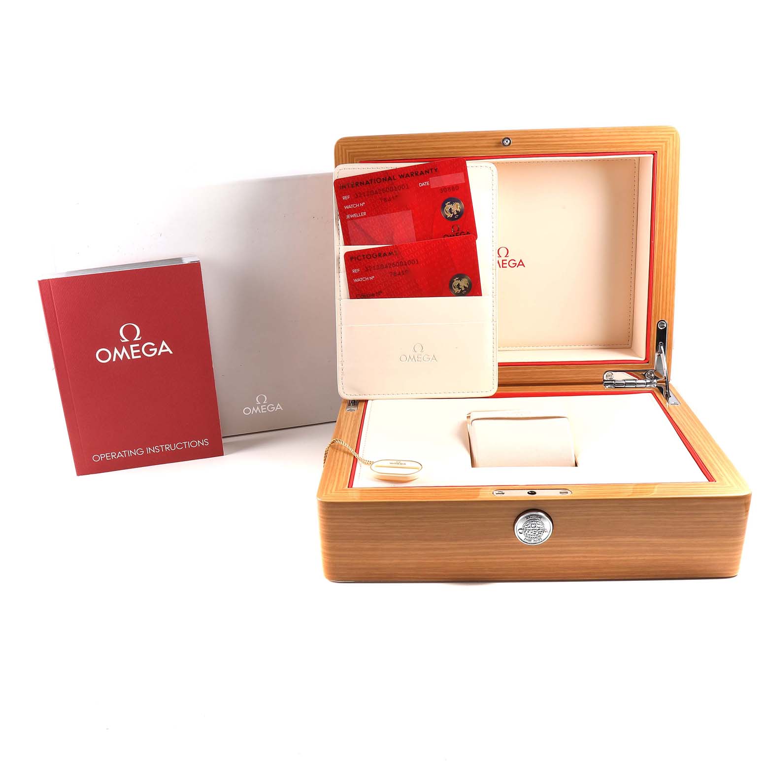 The image shows the packaging and accessories of an Omega Speedmaster 321.10.42.50.01.001 Men's Stainless Steel Black Dial 321.10.42.50.01.001 Men's Stainless Steel Black Dial watch, including the box, operating instructions, and warranty cards.