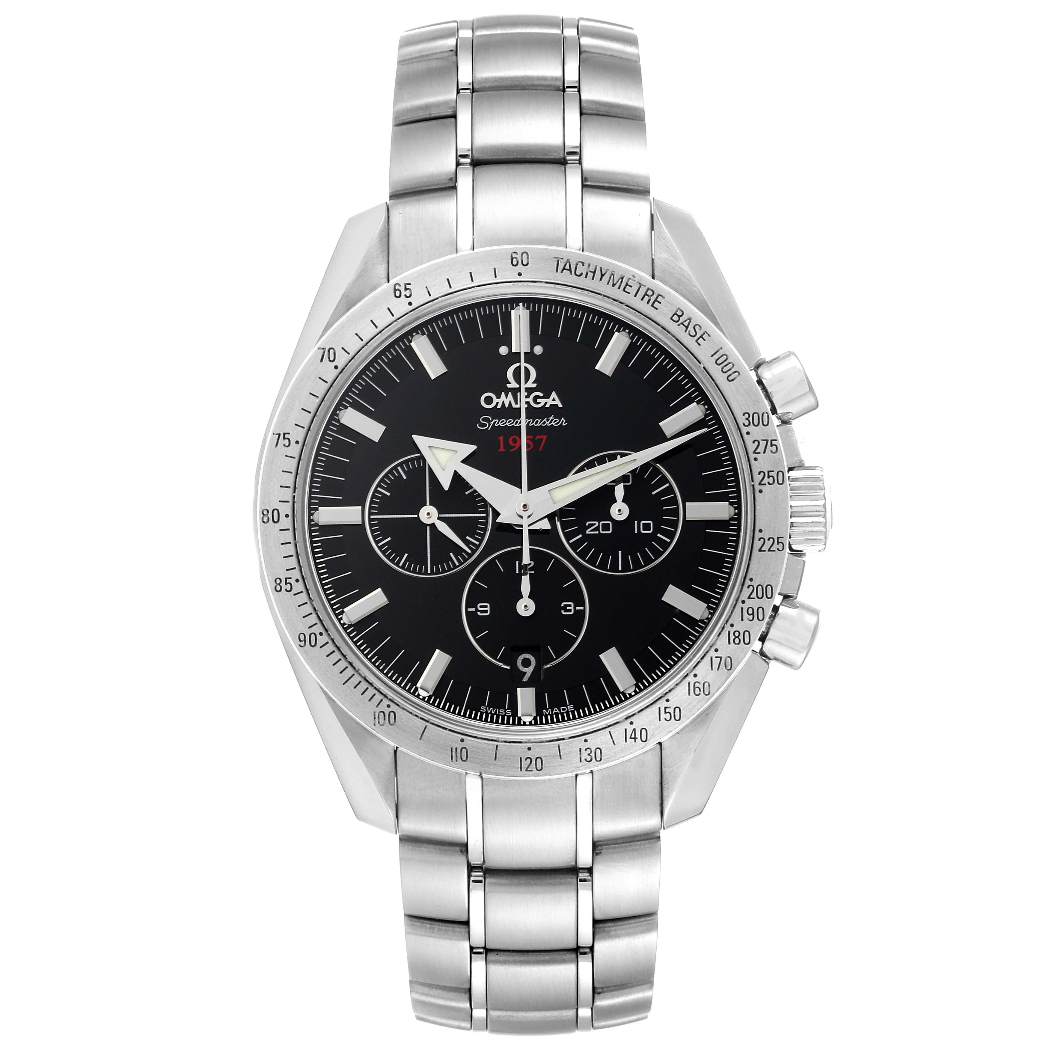 The image shows a front view of an Omega Speedmaster 321.10.42.50.01.001 Men's Stainless Steel Black Dial 321.10.42.50.01.001 Men's Stainless Steel Black Dial watch, displaying its face, bezel, and stainless steel bracelet.