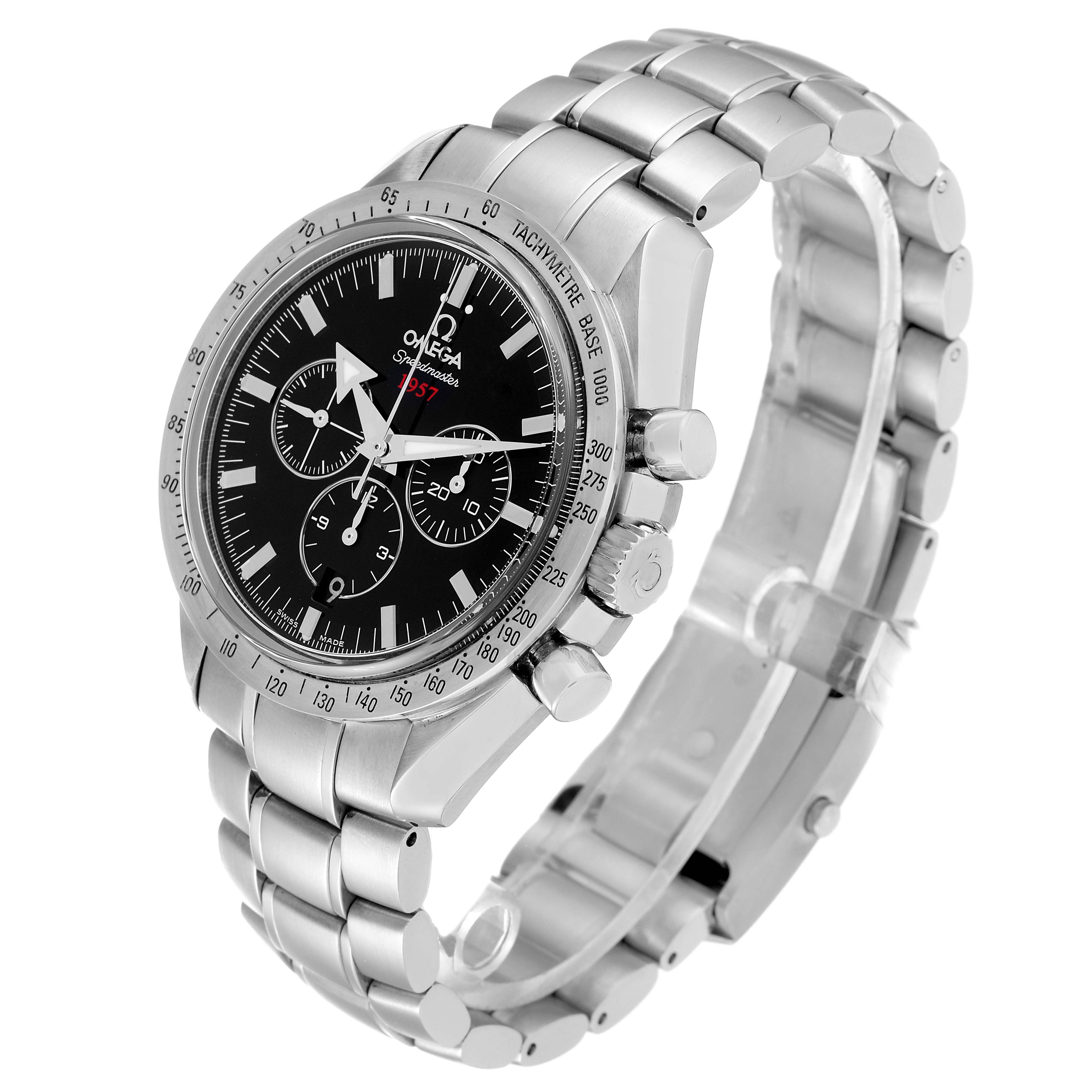 The Omega Speedmaster 321.10.42.50.01.001 Men's Stainless Steel Black Dial 321.10.42.50.01.001 Men's Stainless Steel Black Dial watch is shown at a three-quarter angle, displaying its face, bezel, crown, and metal bracelet.