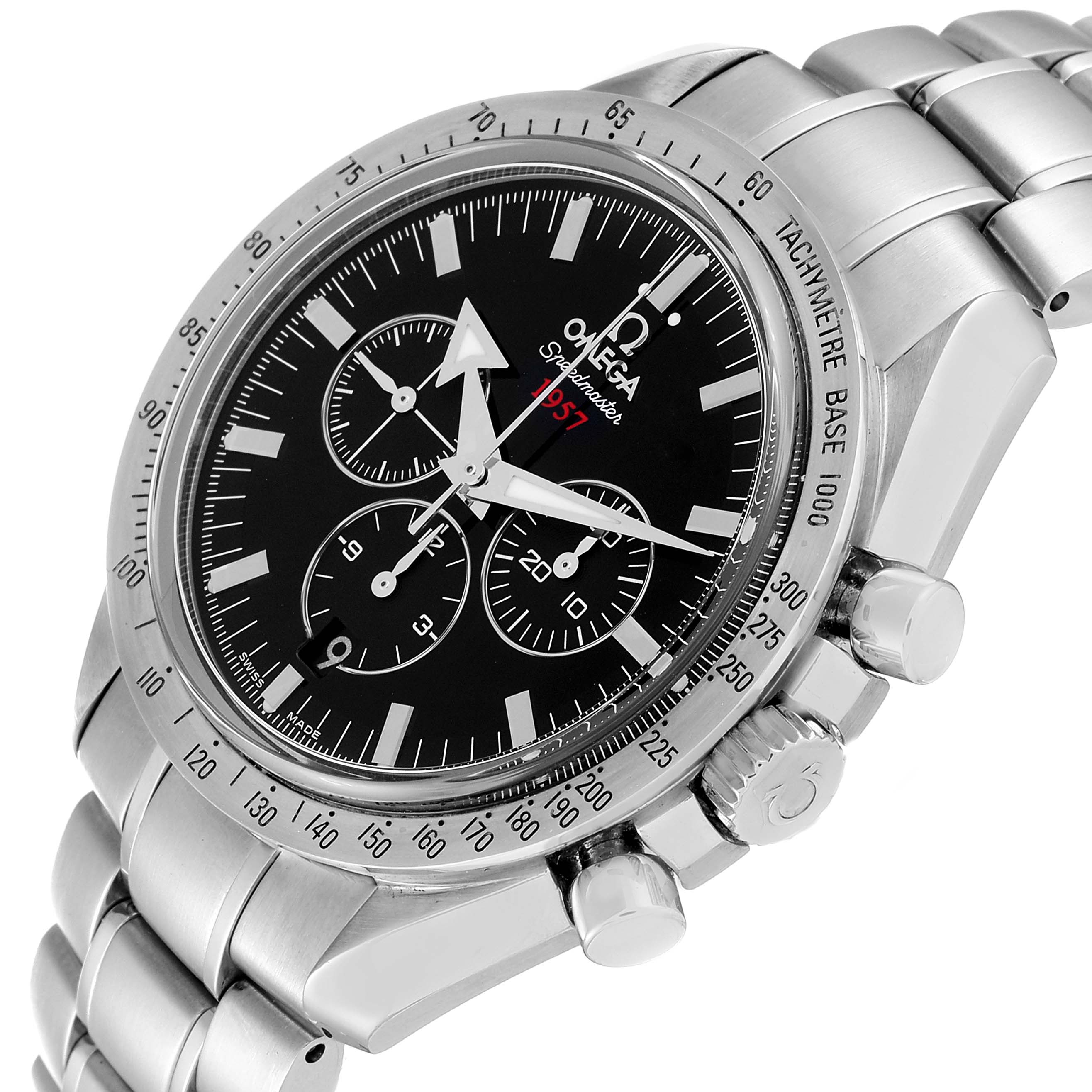 The Omega Speedmaster 321.10.42.50.01.001 Men's Stainless Steel Black Dial 321.10.42.50.01.001 Men's Stainless Steel Black Dial watch is shown at an angle highlighting the face, bezel, pushers, and part of the bracelet.