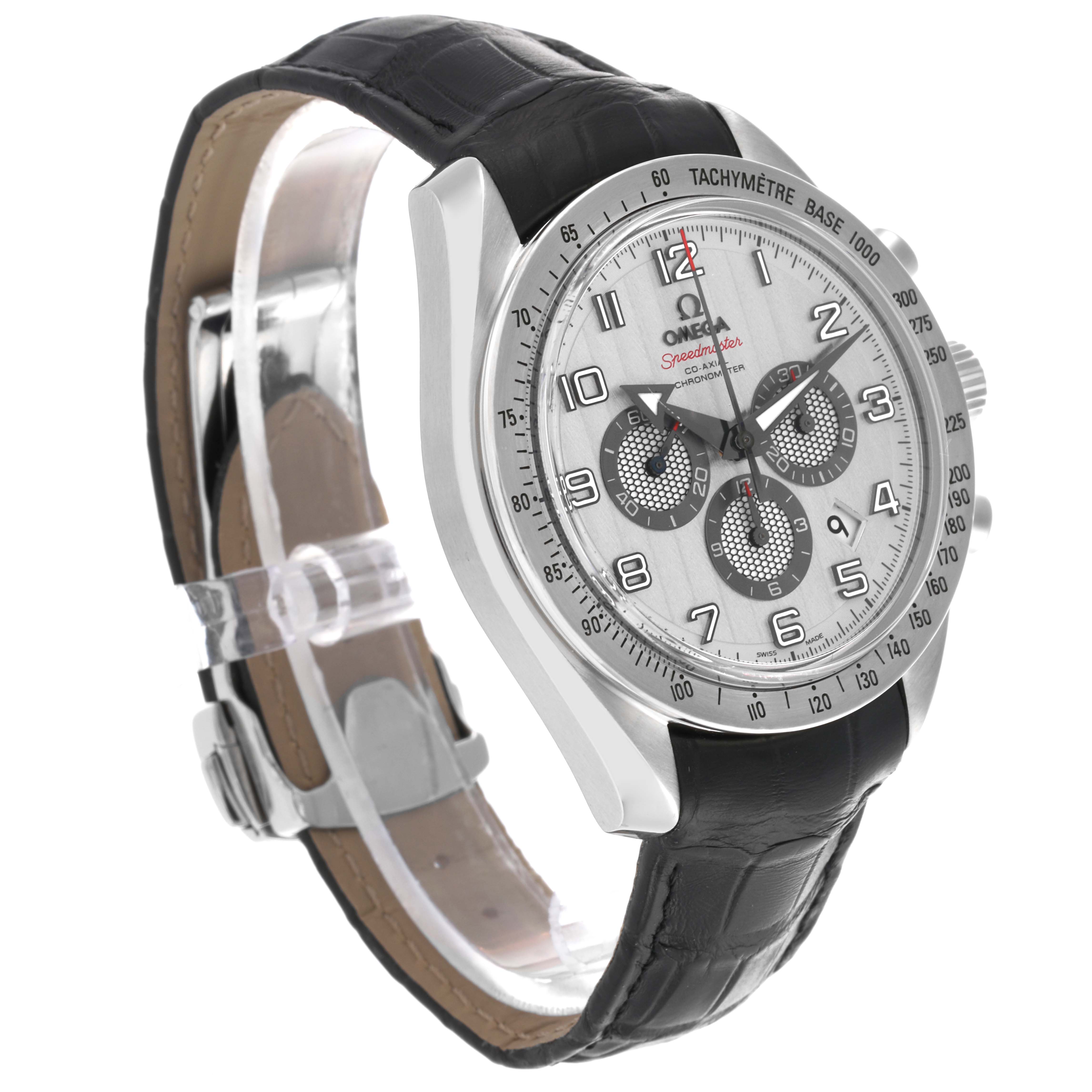 The Omega Speedmaster 321.13.44.50.02.001 Men
s Stainless Steel Silver Dial 321.13.44.50.02.001 Men
s Stainless Steel Silver Dial watch is shown at a slight side angle, displaying the face, bezel, and leather strap.