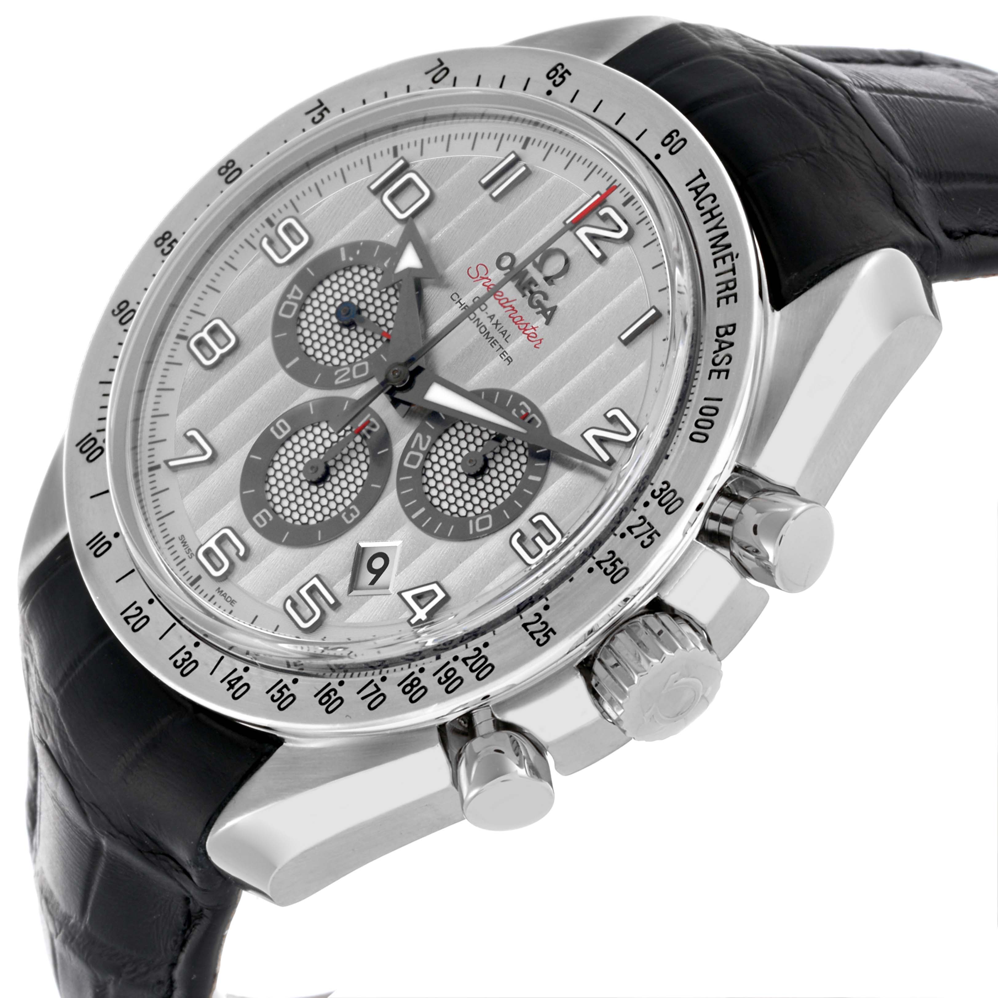 The Omega Speedmaster 321.13.44.50.02.001 Men
s Stainless Steel Silver Dial 321.13.44.50.02.001 Men
s Stainless Steel Silver Dial is shown at an angle highlighting the dial, bezel, pushers, and crown with a leather strap.